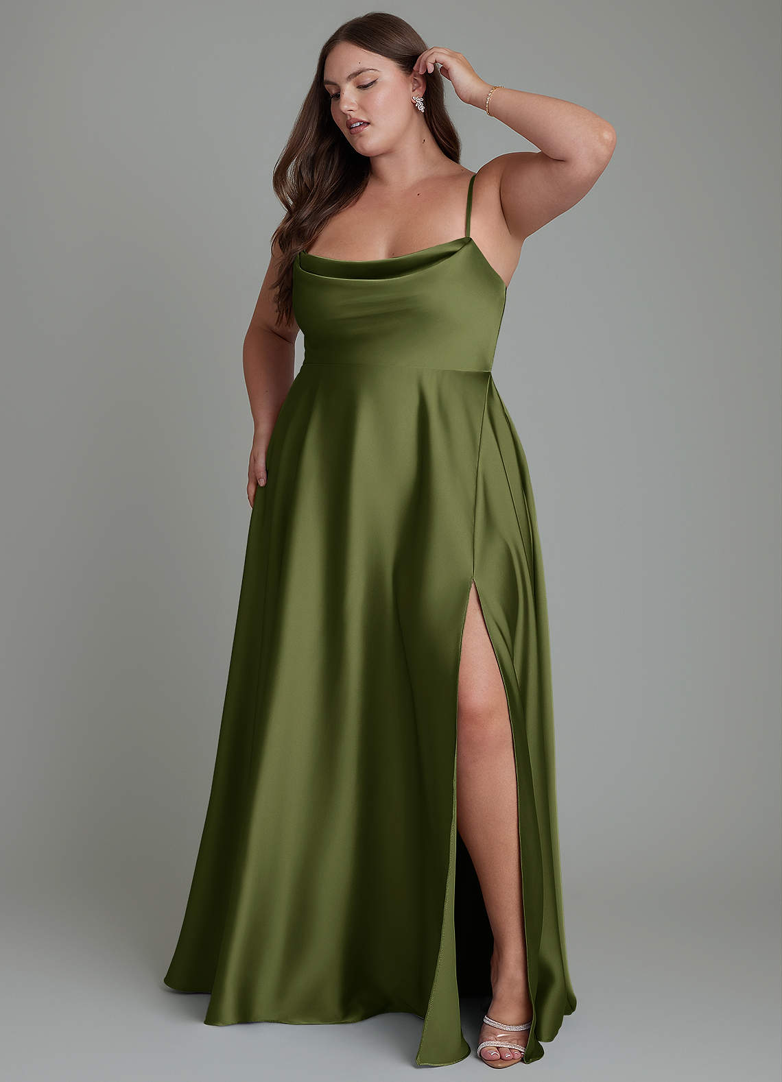 Azazie A-Line Cowl Neck Floor-Length Stretch Satin Bridesmaid Dresses