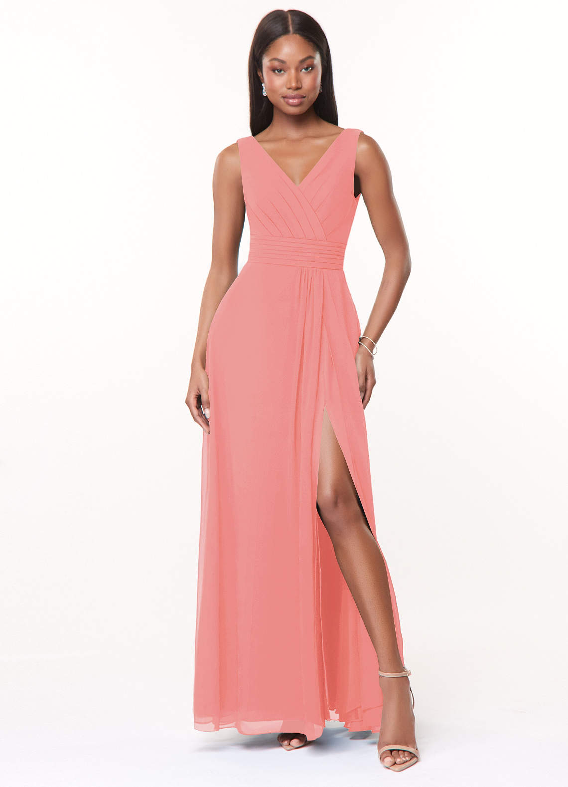 Azazie Karina Bridesmaid Dresses Coral A-Line Pleated Chiffon Dress image1
