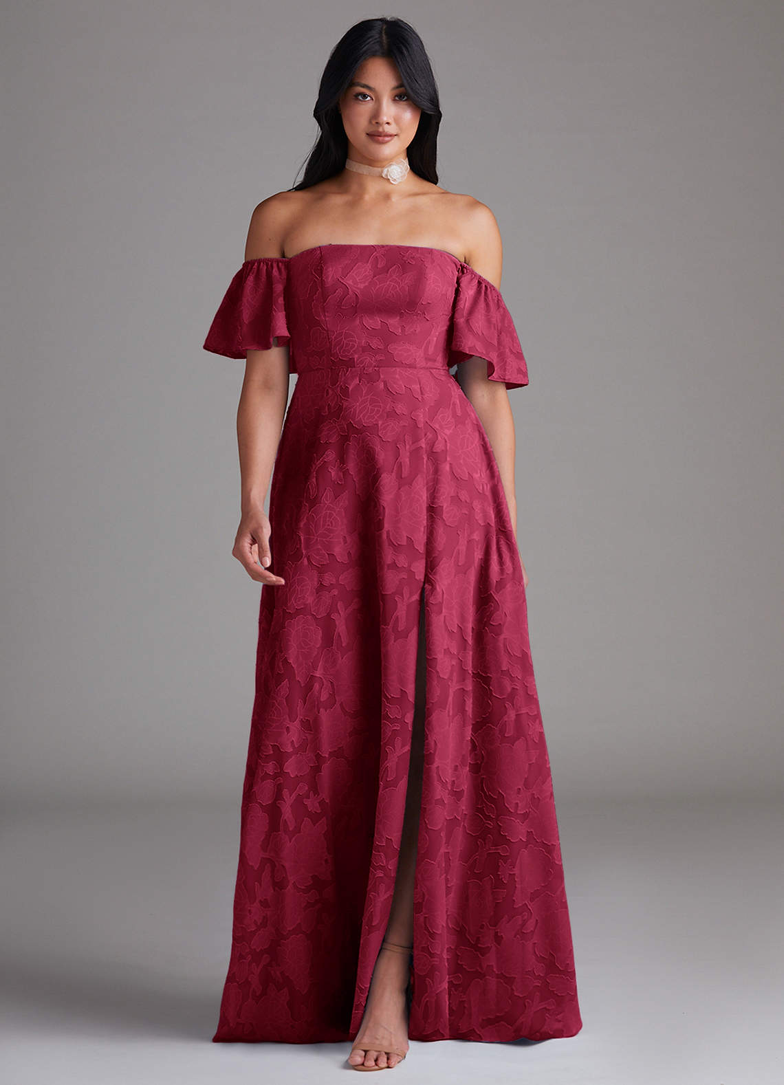 Azazie Sue Bridesmaid Dresses Burgundy A-Line Off the Shoulder Floral Burnout Convertible Dress image1