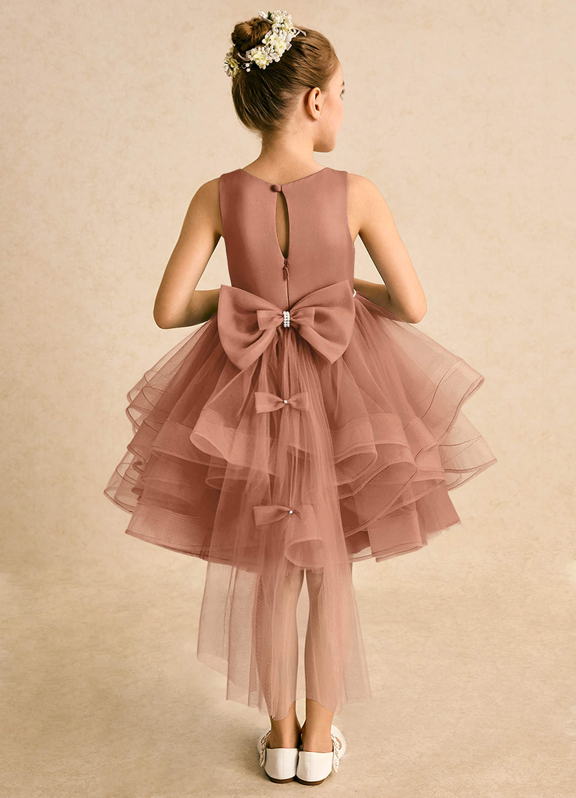 Azazie Tinie Blumenmädchenkleider Ballkleid Schleifen Tüll Kleid Bronzer image1