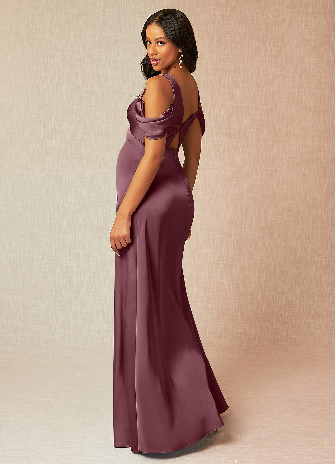 Azazie Rhea At-home Try On Dresses A-Line Off-The-Shouler Pleated Stretch Satin Floor-Length Dress image3