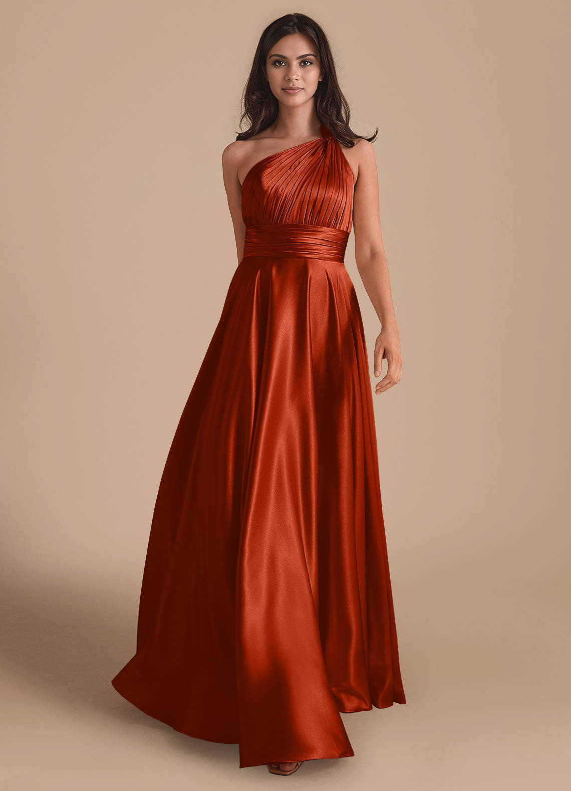 Azazie Charlize Bridesmaid Dresses Paprika A-Line One Shoulder Metallic Satin Dress image1
