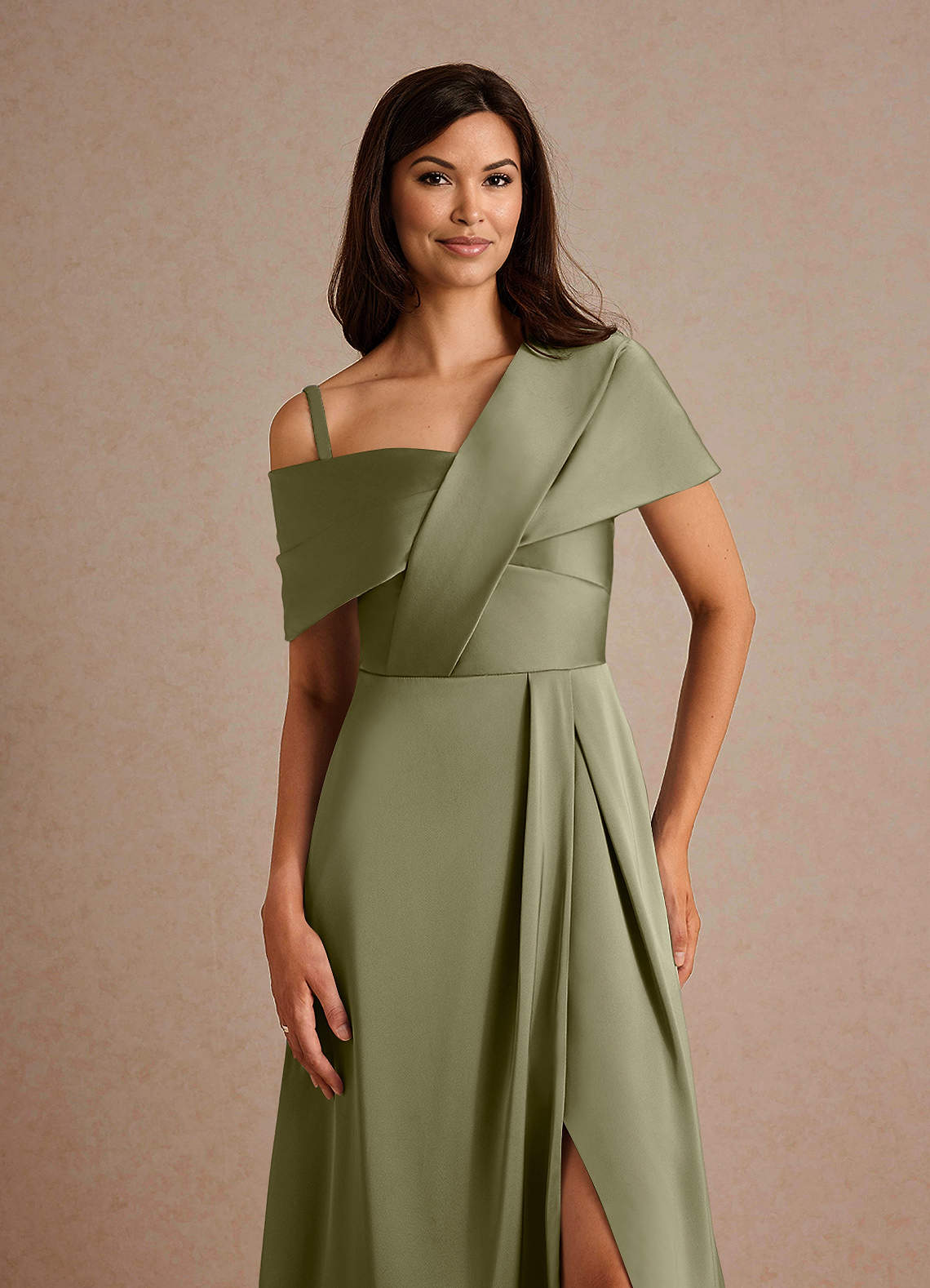Azazie Milton Mother of the Bride Dresses Pistachio A-Line Pleated Stretch Satin Dress image2