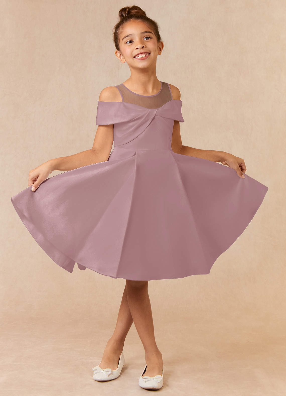 Azazie Shirin vestidos de niña de las flores Vestido de Rosa Polvorienta de Satin Mate de Acampanado con Vestidos sin tirantes image1