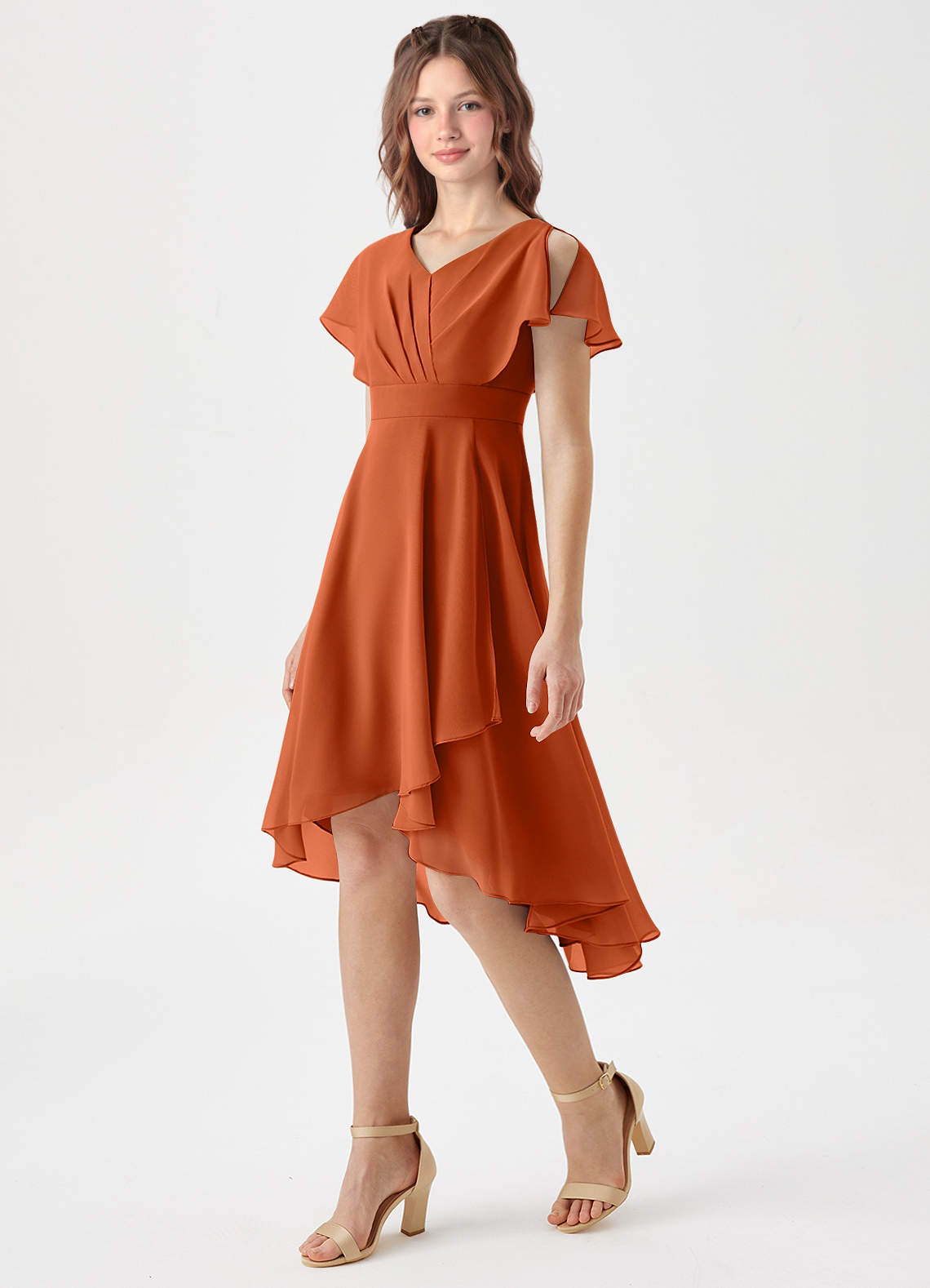 Azazie Graciela Junior Burnt Orange A-Line Pleated Chiffon Dress image1