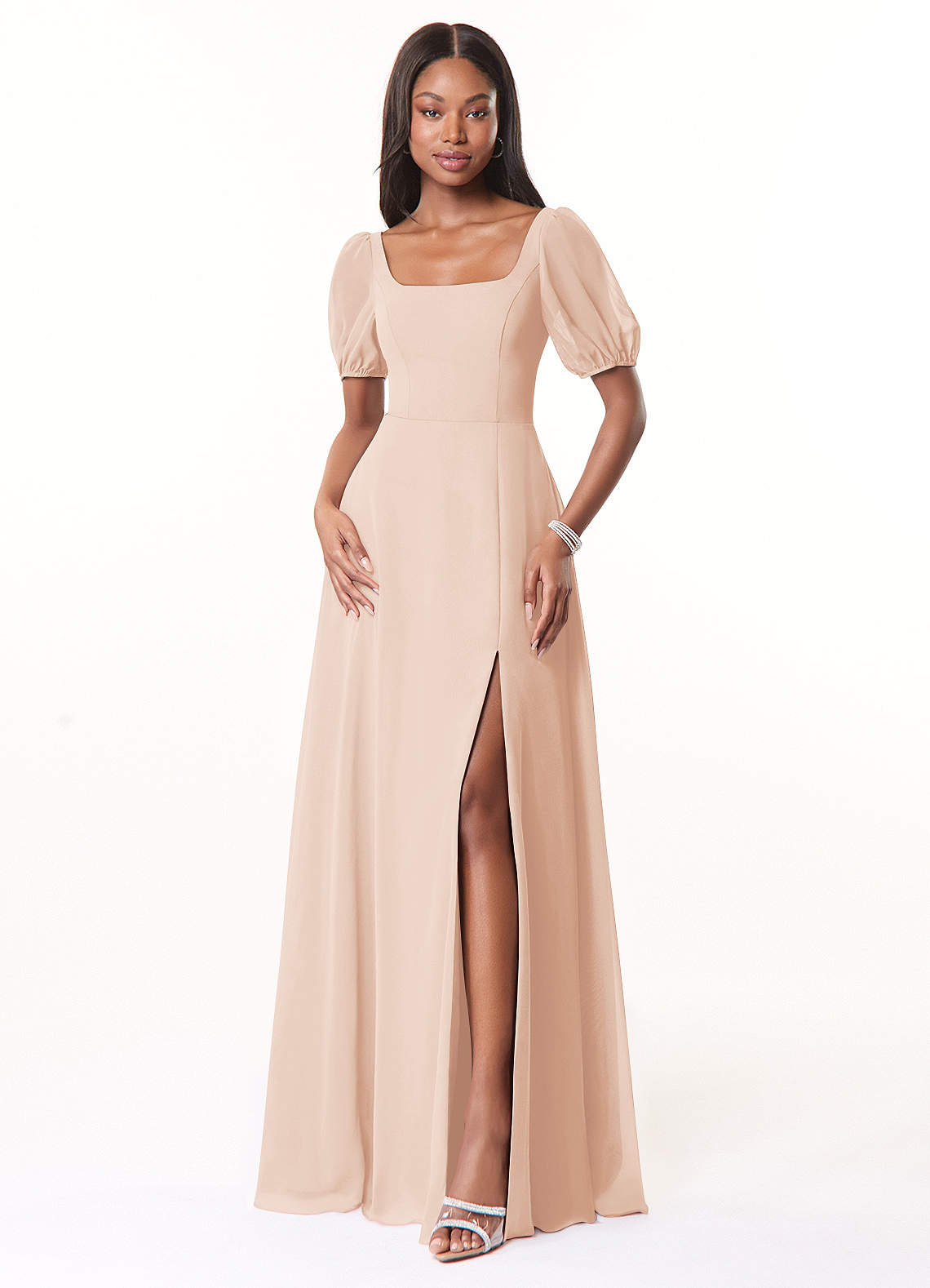 Azazie A-Line Square Neck Floor-Length Chiffon Bridesmaid Dresses - English Rose