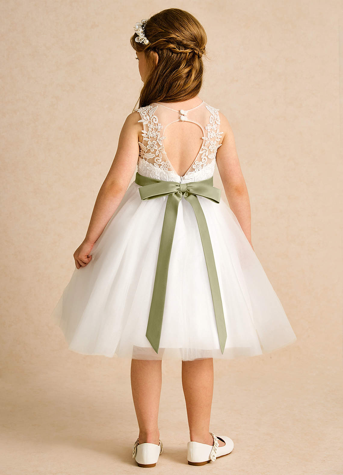 white dress green sash Flower Girl Ivory Dress with Green Silk Sash (6mths-10yrs) main image 0