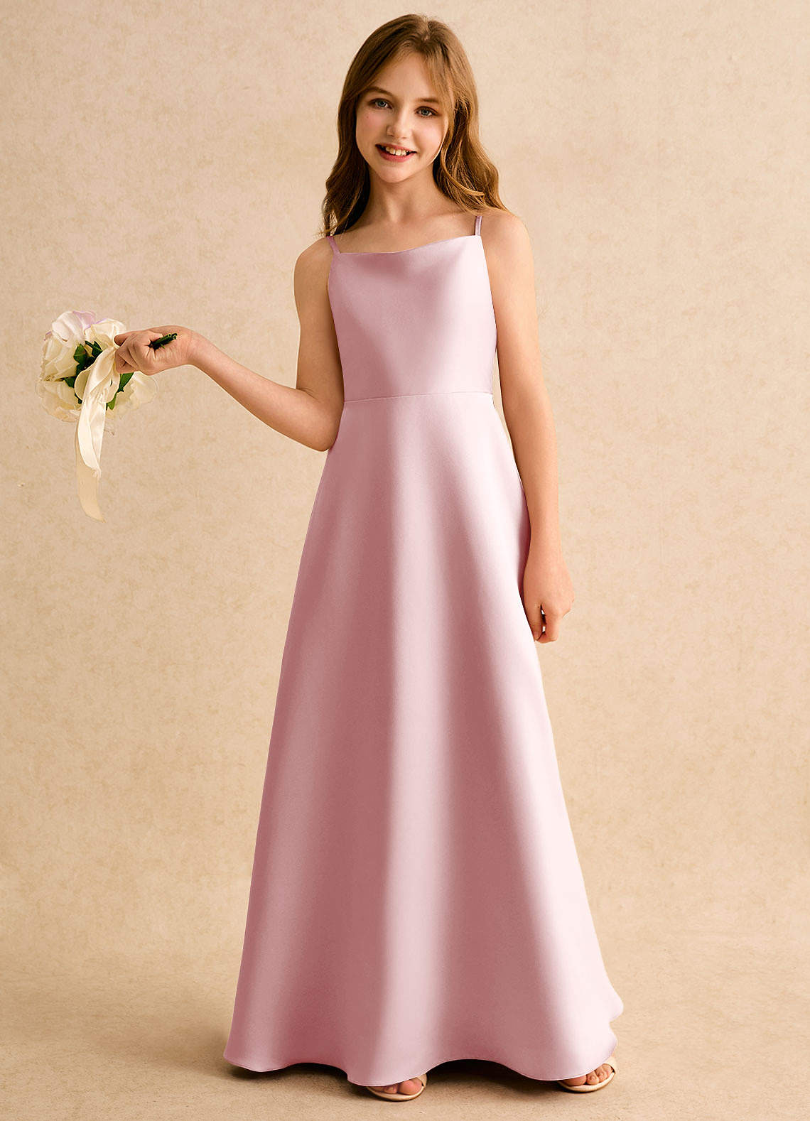 Azazie Joella Girls Formal Flower Girl Dresses Powder Pink A-Line Pleated Matte Satin Dress image1