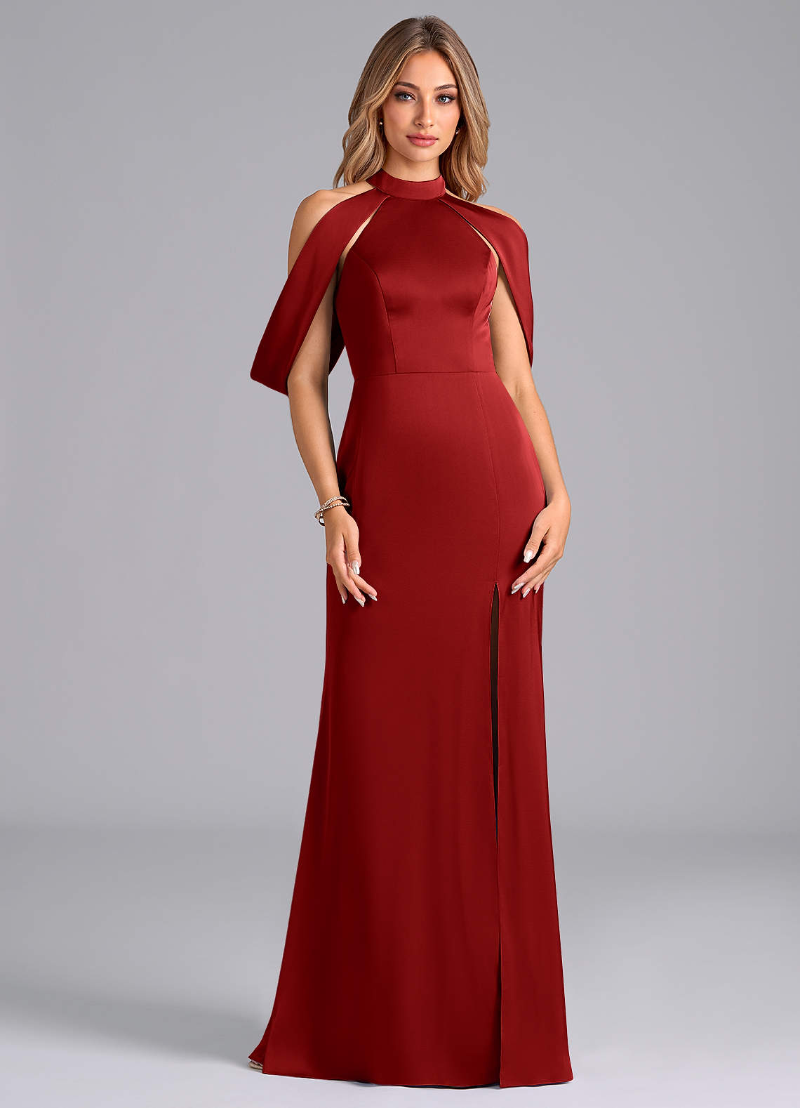Azazie Bonny Bridesmaid Dresses Pomegranate Mermaid Off the Shoulder Stretch Satin Dress image1