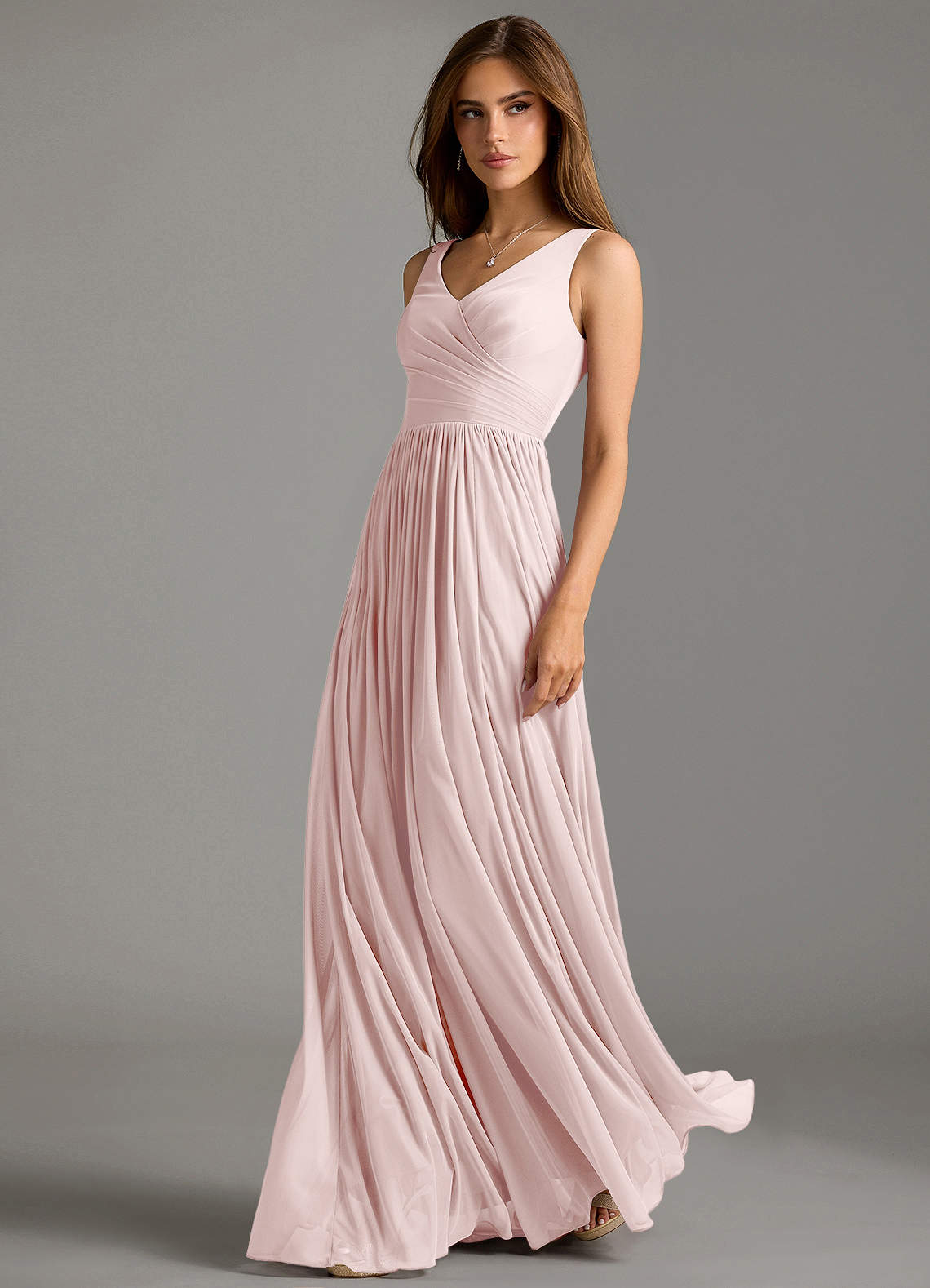 Azazie Keyla Bridesmaid Dresses Blushing Pink A-Line Pleated Mesh Dress image1