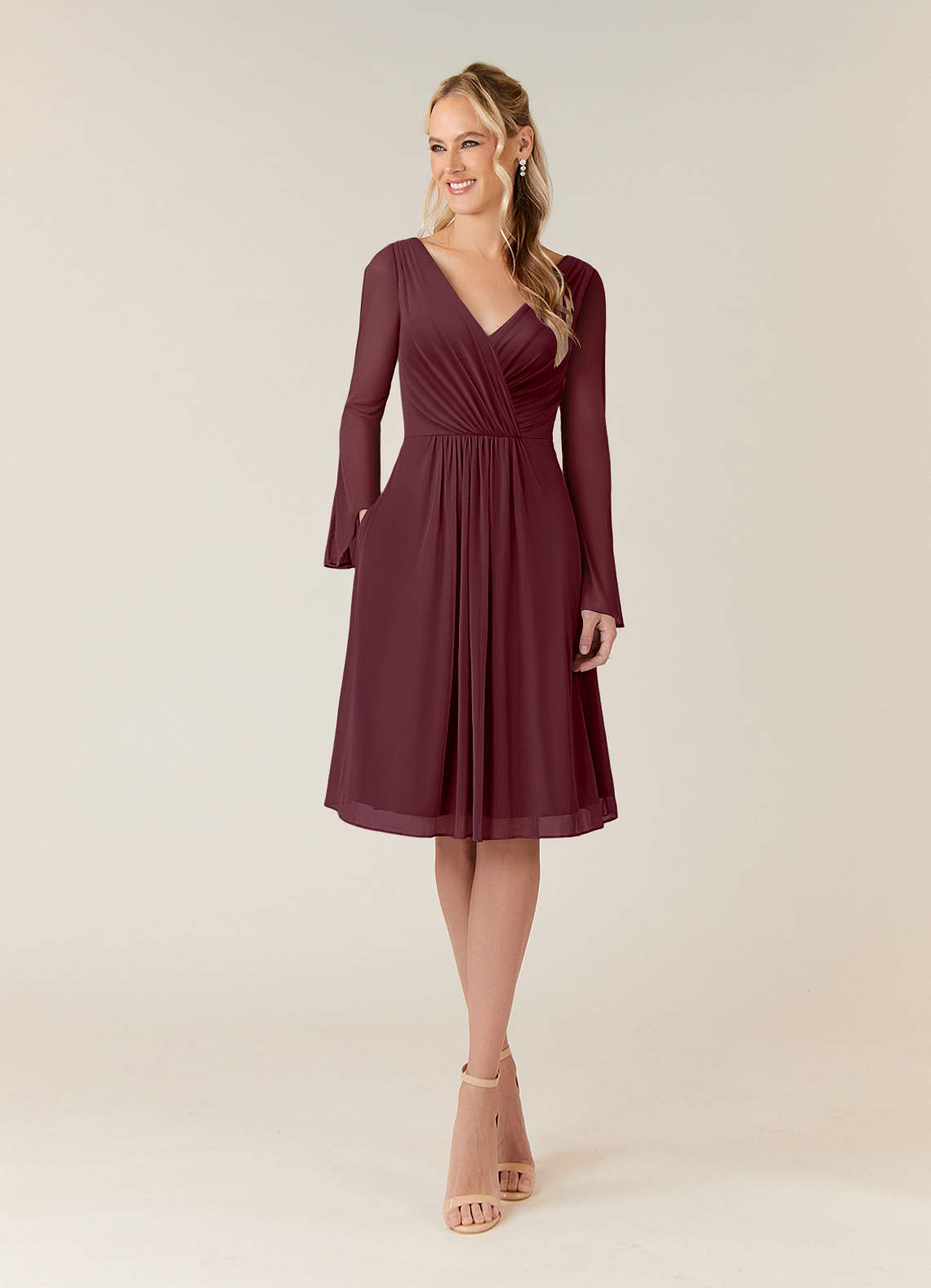 Azazie Teraso Mother of the Bride Dresses Cabernet A-Line Pleated Mesh Dress image1