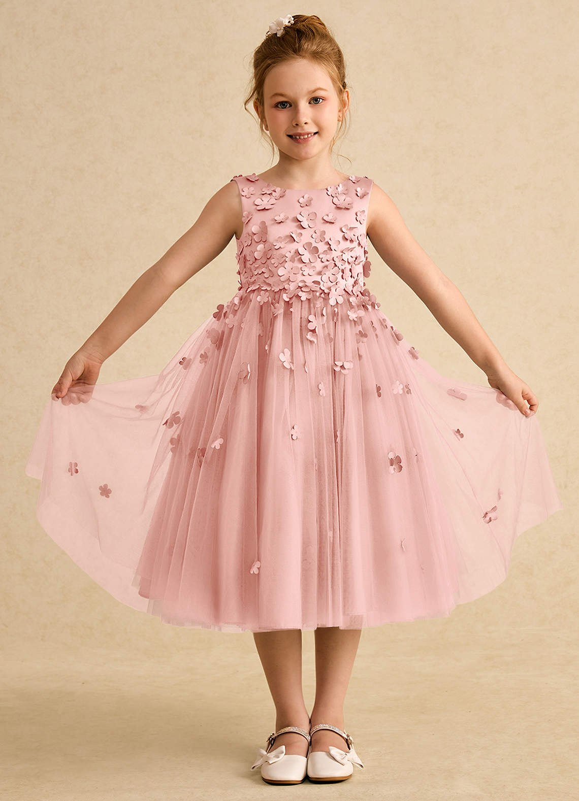 Azazie Lana vestidos de niña de las flores Vestido de Rosetón de Satin Mate de Corte En A con Sin mangas image1