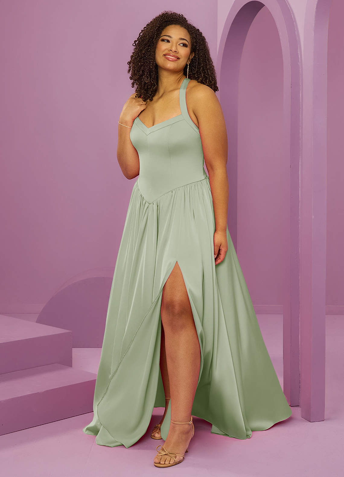 Barbie ♥ Azazie Bridesmaid Dresses Dusty Sage A-Line with Pockets Stretch Satin Dress image10