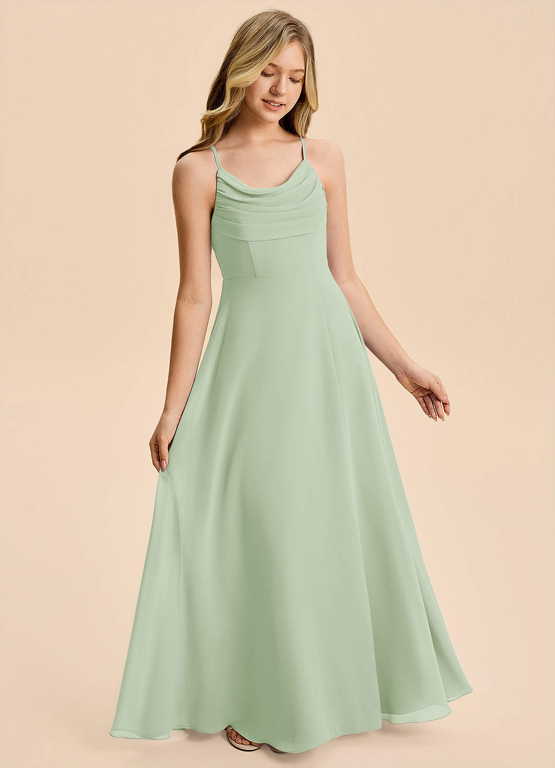 Azazie Gia Junior Dusty Sage A-Line Pleated Chiffon Dress image3