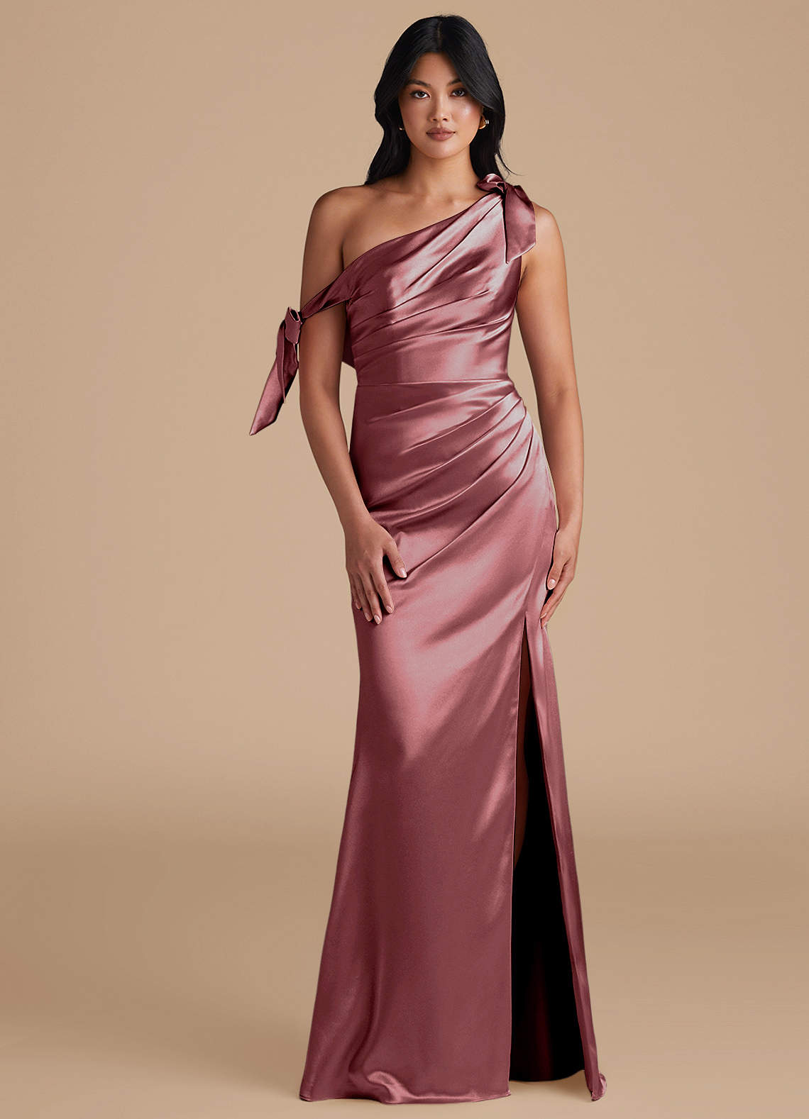 Azazie Xyla Bridesmaid Dresses Vintage Mauve Sheath Off the Shoulder Metallic Satin Convertible Dress image1