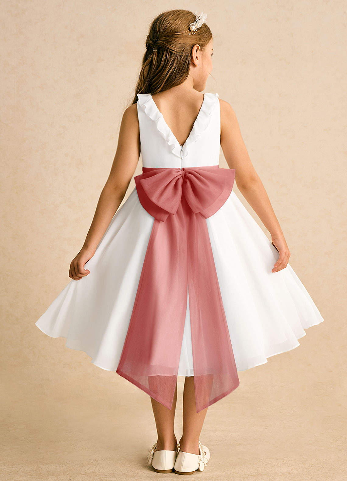 Azazie Dani Flower Girl Dresses Ivory Antique Rose A-Line Bow Chiffon Dress image1