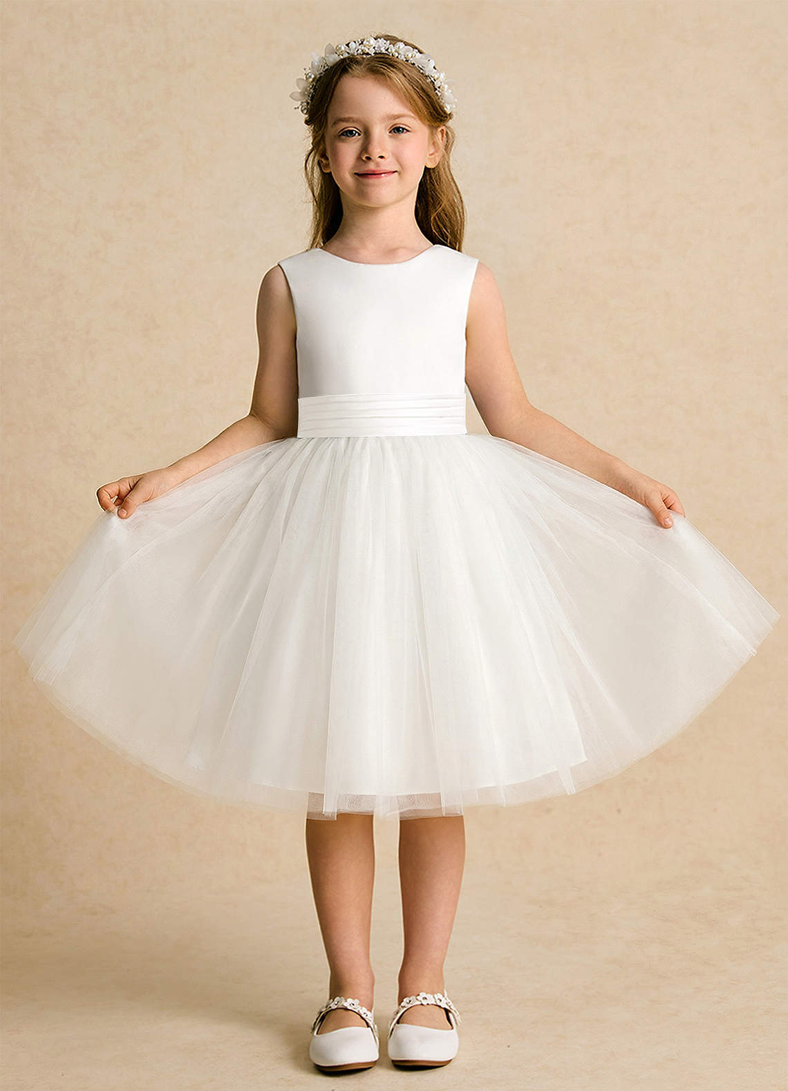 Azazie Sosie Flower Girl Dresses Ivory A-Line Pleated Tulle Dress image1