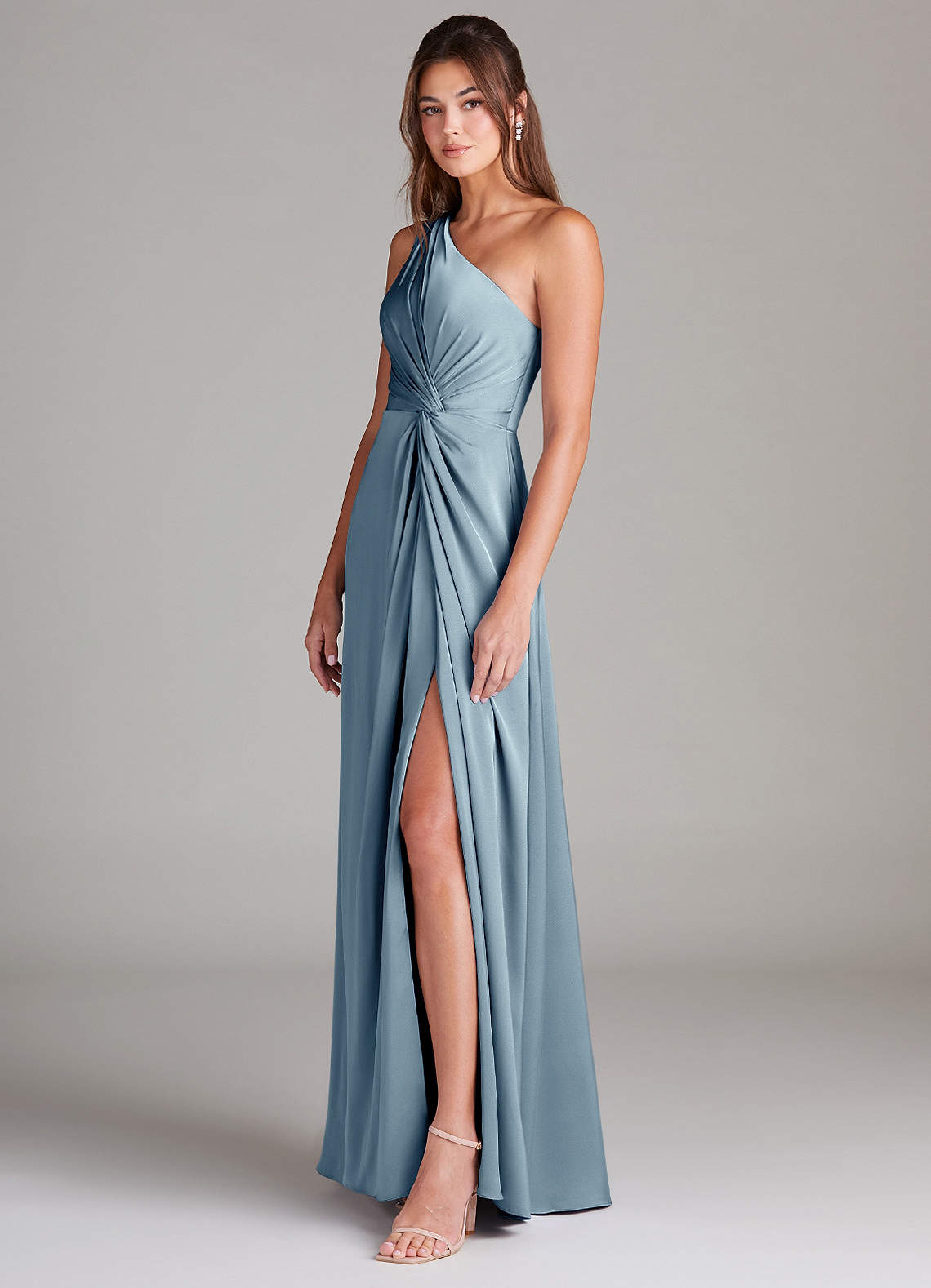 Azazie Brooke Bridesmaid Dresses Dusty Blue A-Line One Shoulder Stretch Satin Dress image4