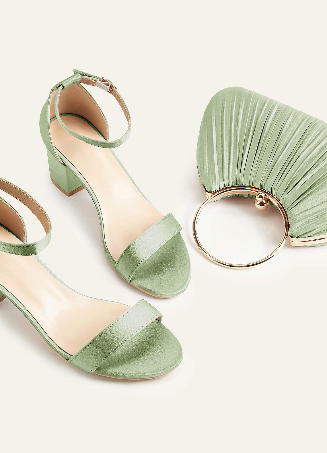 front Matching Color Metallic Satin Block Low Heel Sandals & Pleated Handbag Set