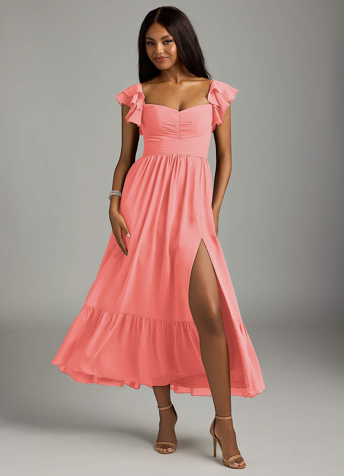 Azazie Anaya Bridesmaid Dresses Coral A-Line Pleated Chiffon Dress image1