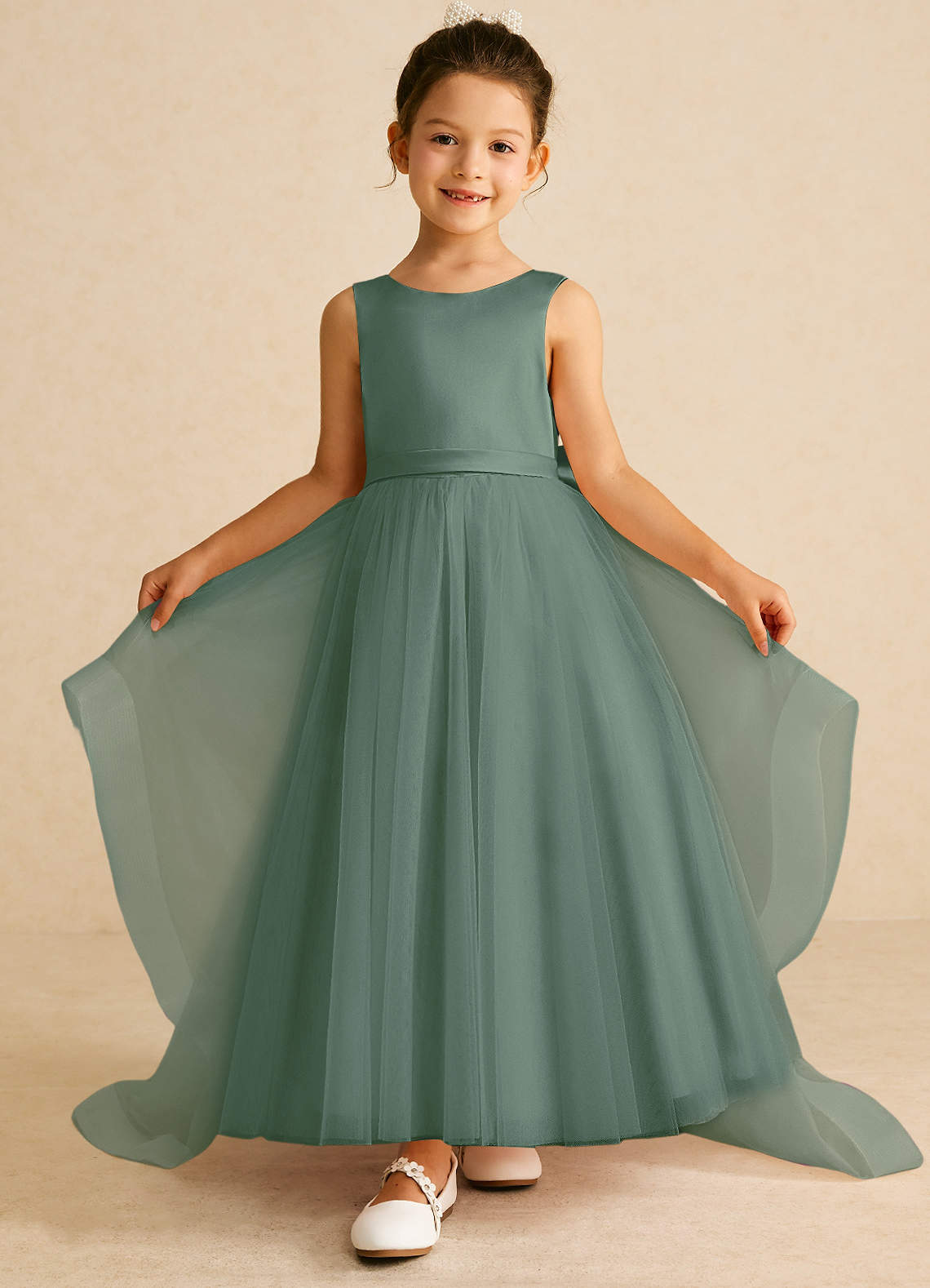Azazie Pumpkin Flower Girl Dresses Eucalyptus A-Line Convertible Tulle Dress image1