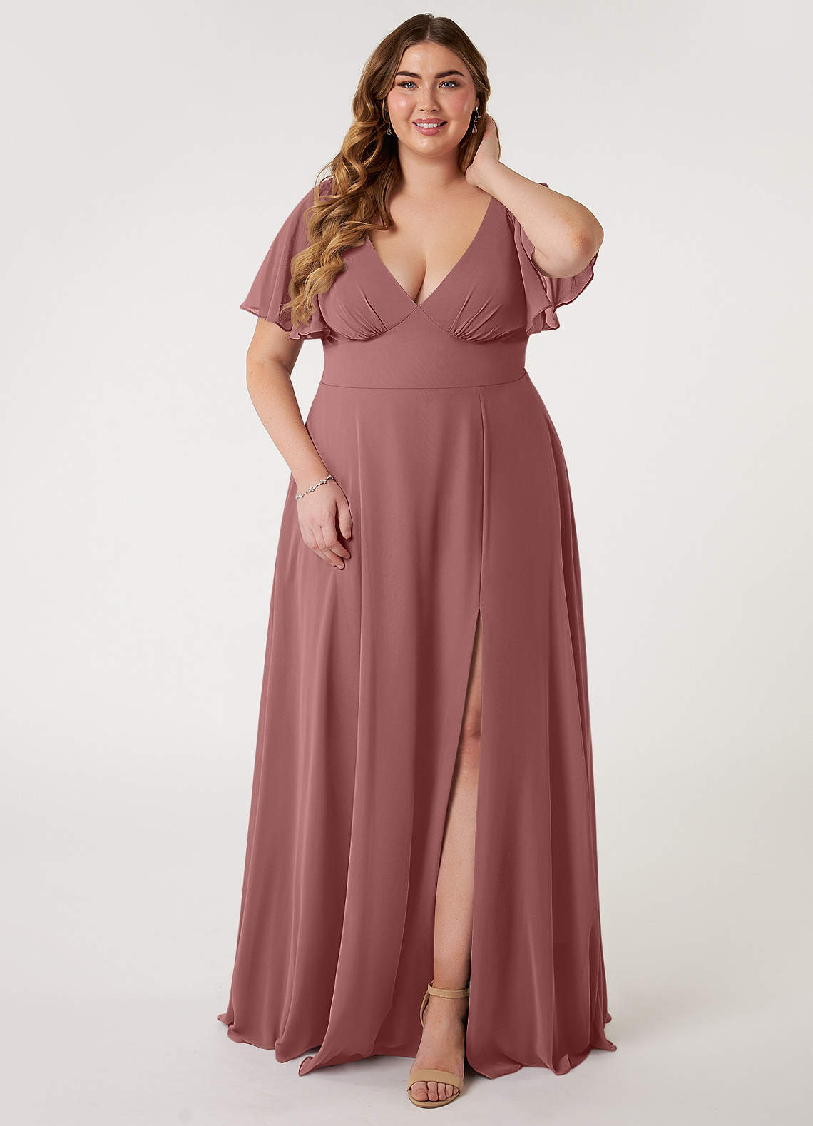 Azazie Kimber Robes de demoiselle d'honneur Robe Trapèze en Mousseline de soie Manches à volants Rose Du Désert image1