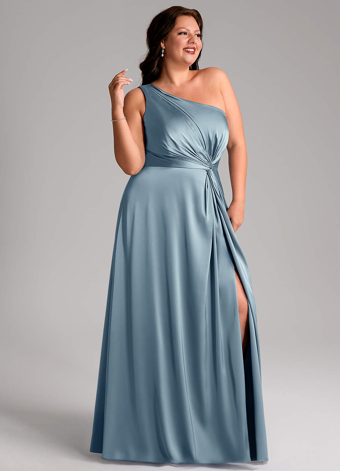 Azazie Brooke Abiti da Damigella Abito A-Line in Raso Elasticizzato Monospalla Blu Polveroso image10