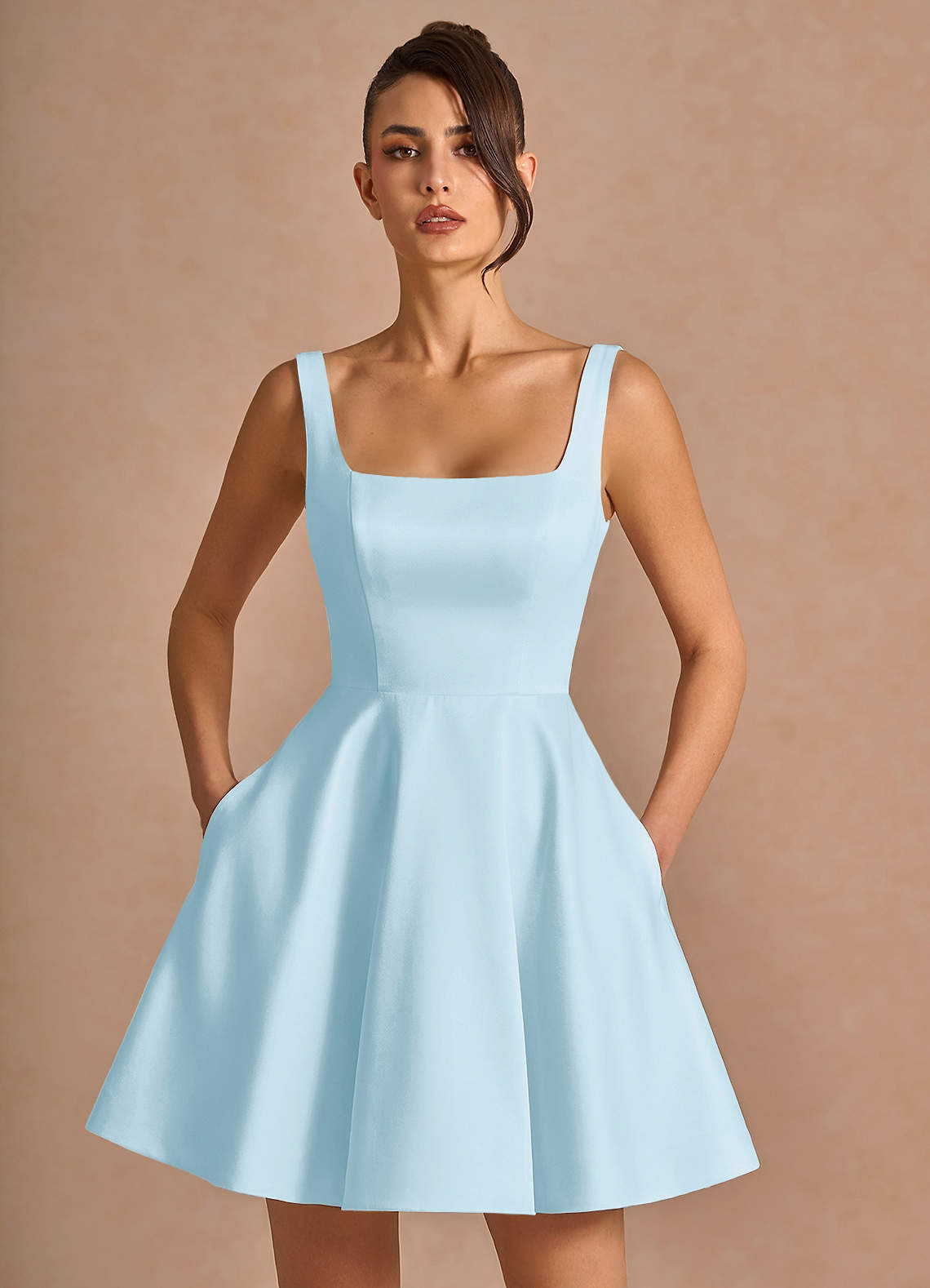 baby blue mini dress formal Brynn Sky nottrynow a seamed bodice Size:Size 26W Crystal Ruffle Backless Maxi