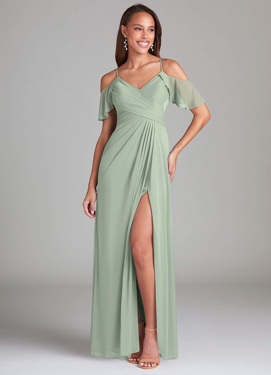 Azazie Dakota Abiti da Damigella Abito A-Line in Maglia a Spalla Scoperta Verde Salvia image1