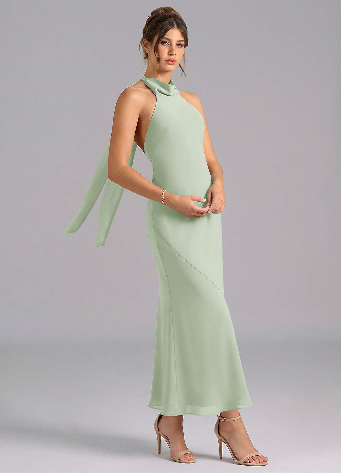 Azazie Velli Bridesmaid Dresses Dusty Sage Mermaid High Neck Chiffon Dress image2