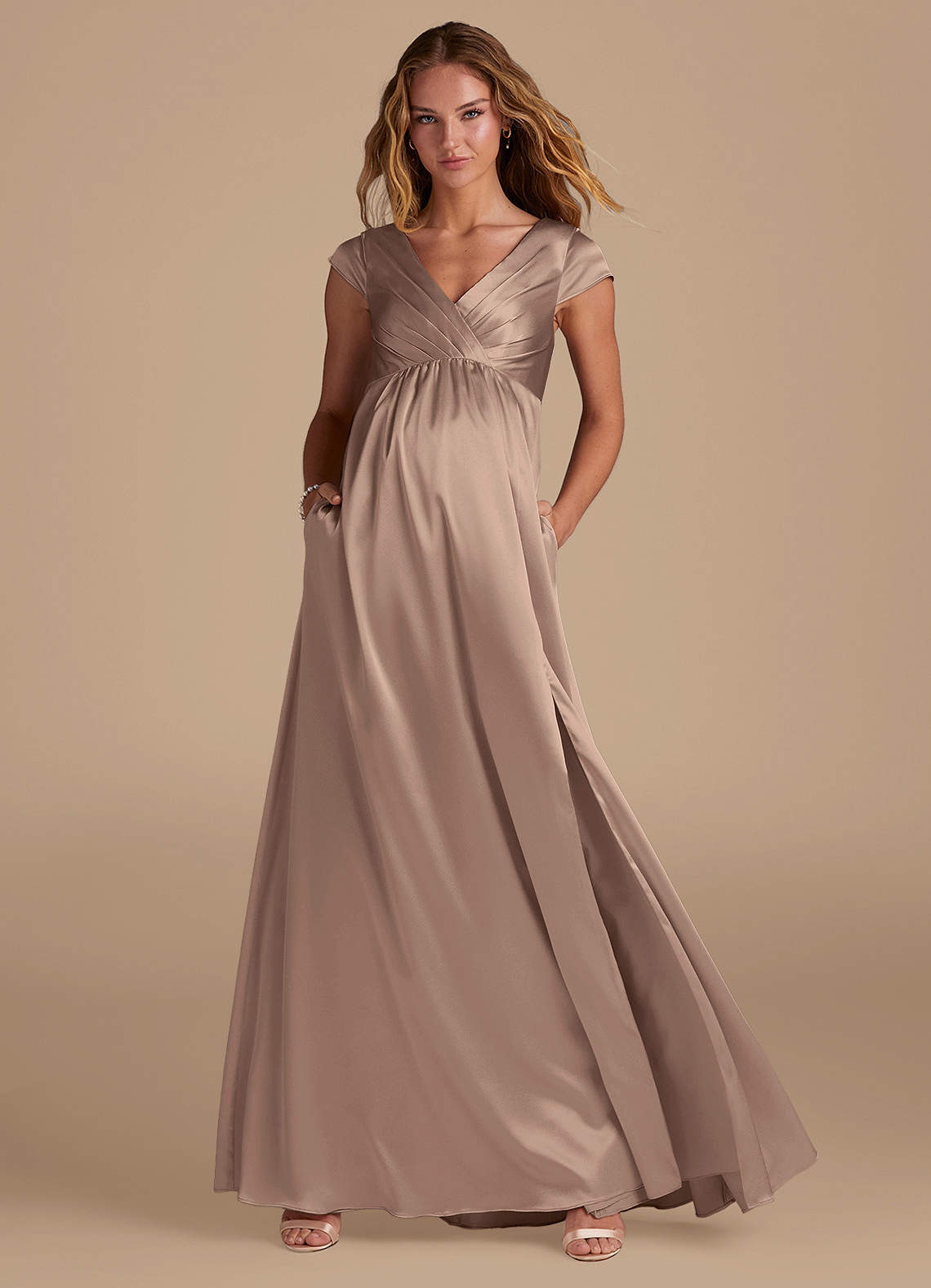 Azazie Allessia Maternity Bridesmaid Dresses A-Line Metallic Satin Floor-Length Dress image1