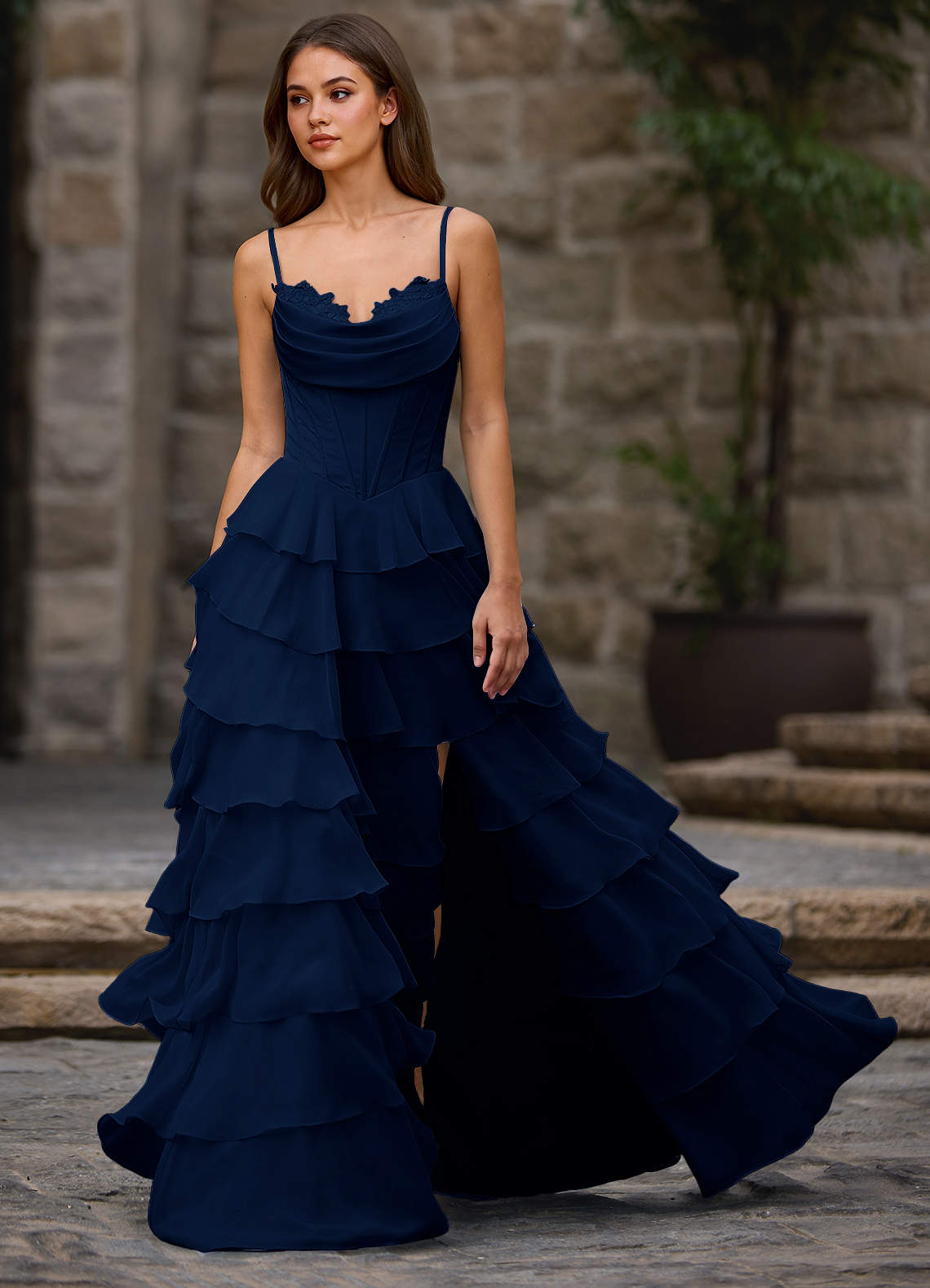 Floralace Navy Ruffled A-line Prom Dress | Azazie