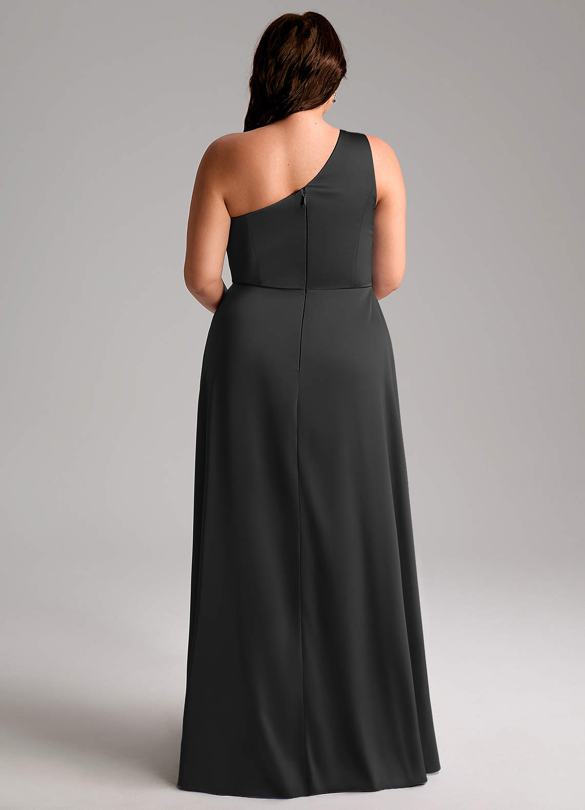 Azazie Brooke Bridesmaid Dresses Black A-Line One Shoulder Stretch Satin Dress image8
