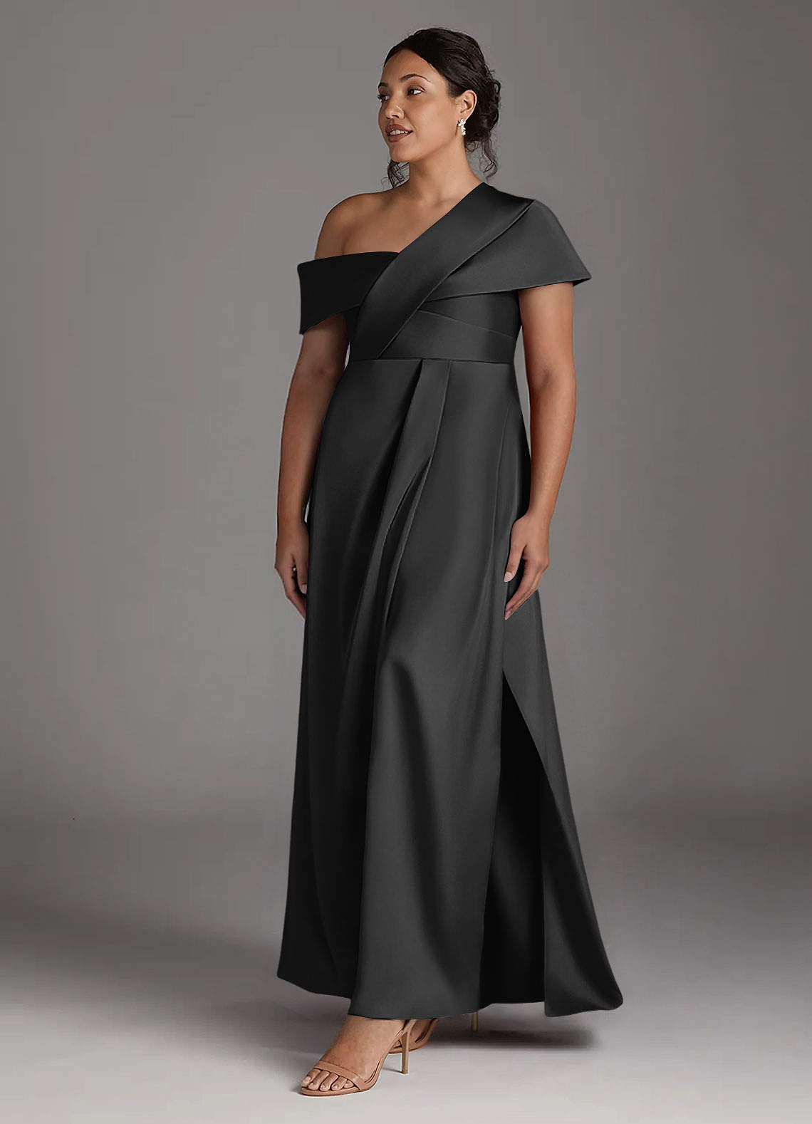 Azazie Milton Mother of the Bride Dresses Black A-Line Pleated Stretch Satin Dress image10