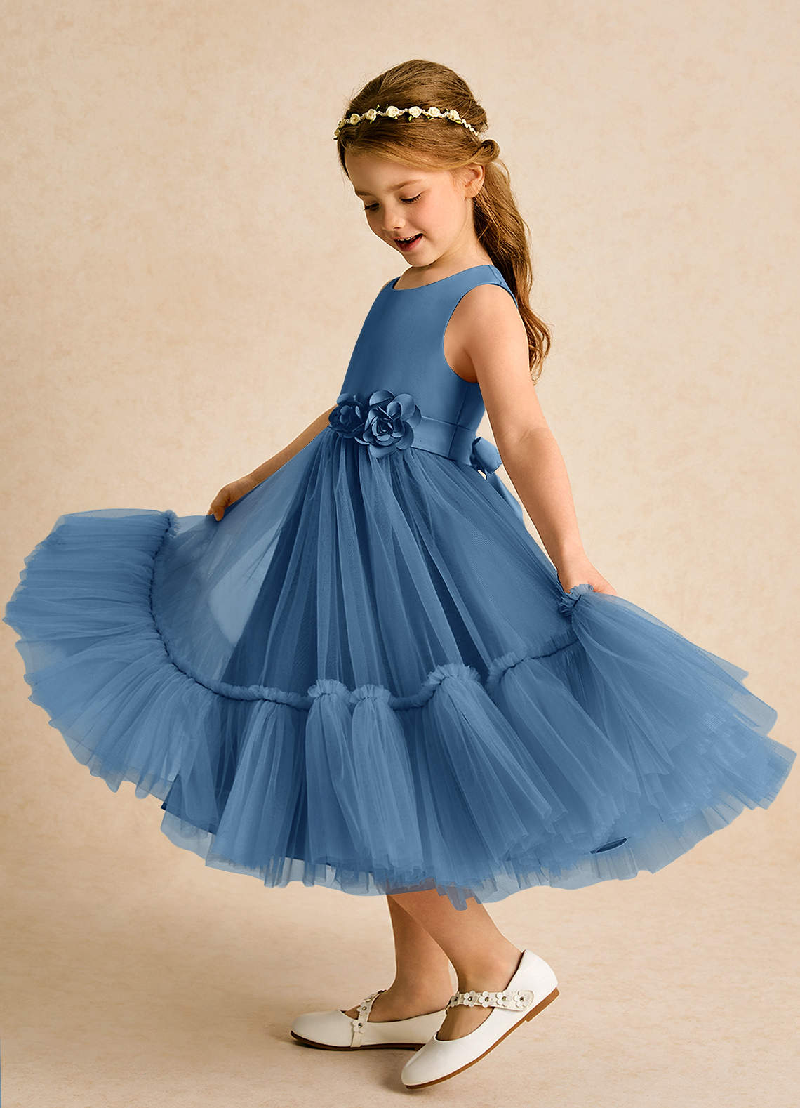 Azazie Miracle vestidos de niña de las flores Vestido de Crepúsculo de Satin Mate de Corte En A con Lazo image1