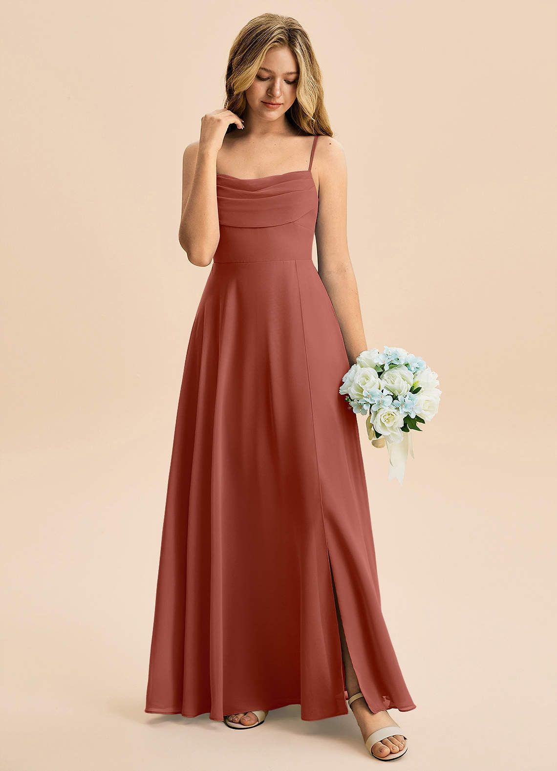 Azazie Bear Junior A-linja Pliseerattu Sifonki Lattian pituus Nuorempi morsiusneito Pukeutua image2