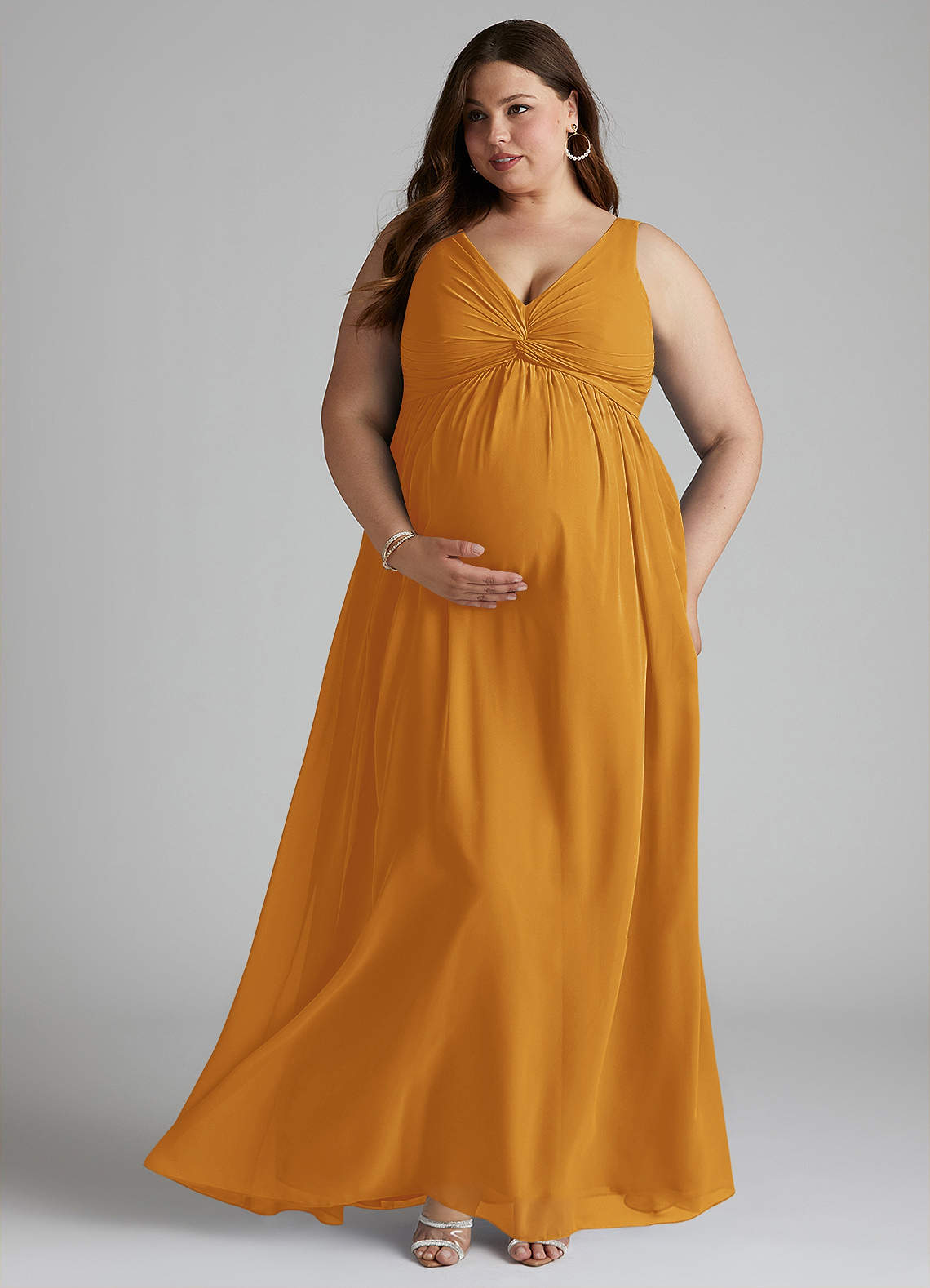 Azazie Plus Size A-Line/Princess V-Neck Floor-Length Chiffon Maternity Bridesmaid Dresses - butterscotch
