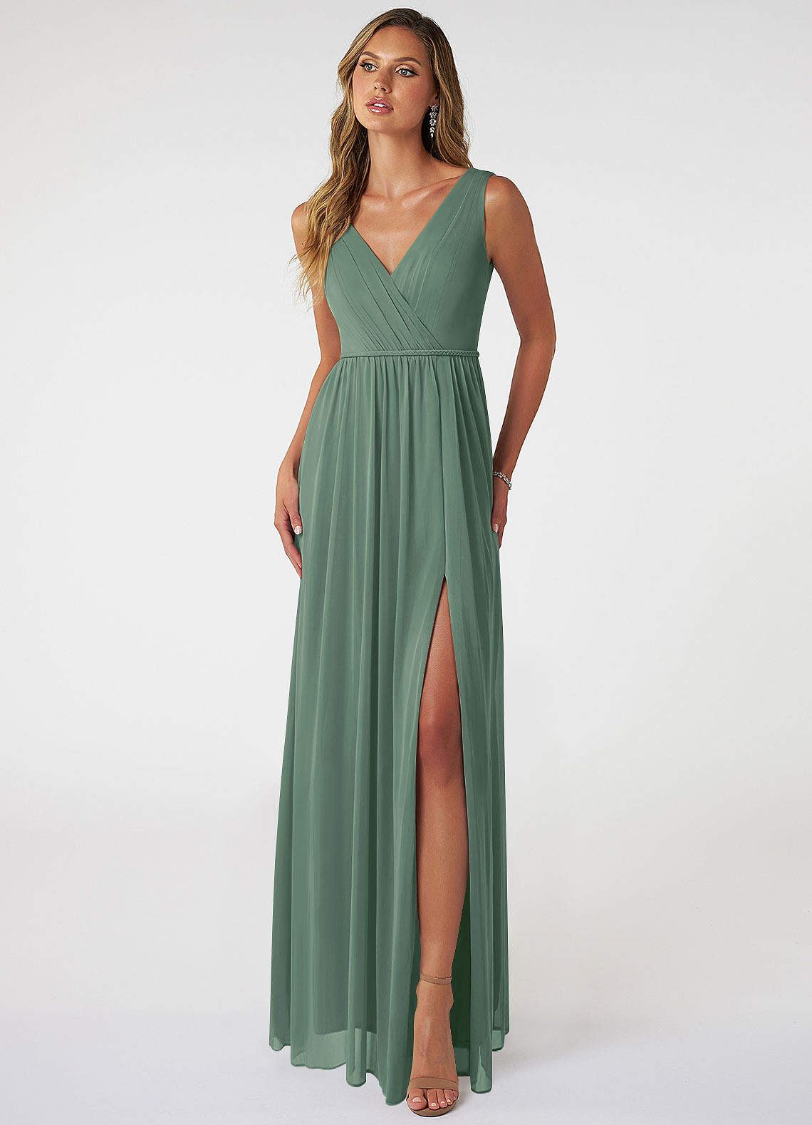 Azazie Tanicia Bridesmaid Dresses Eucalyptus A-Line V-Neck Pleated Mesh Dress image1