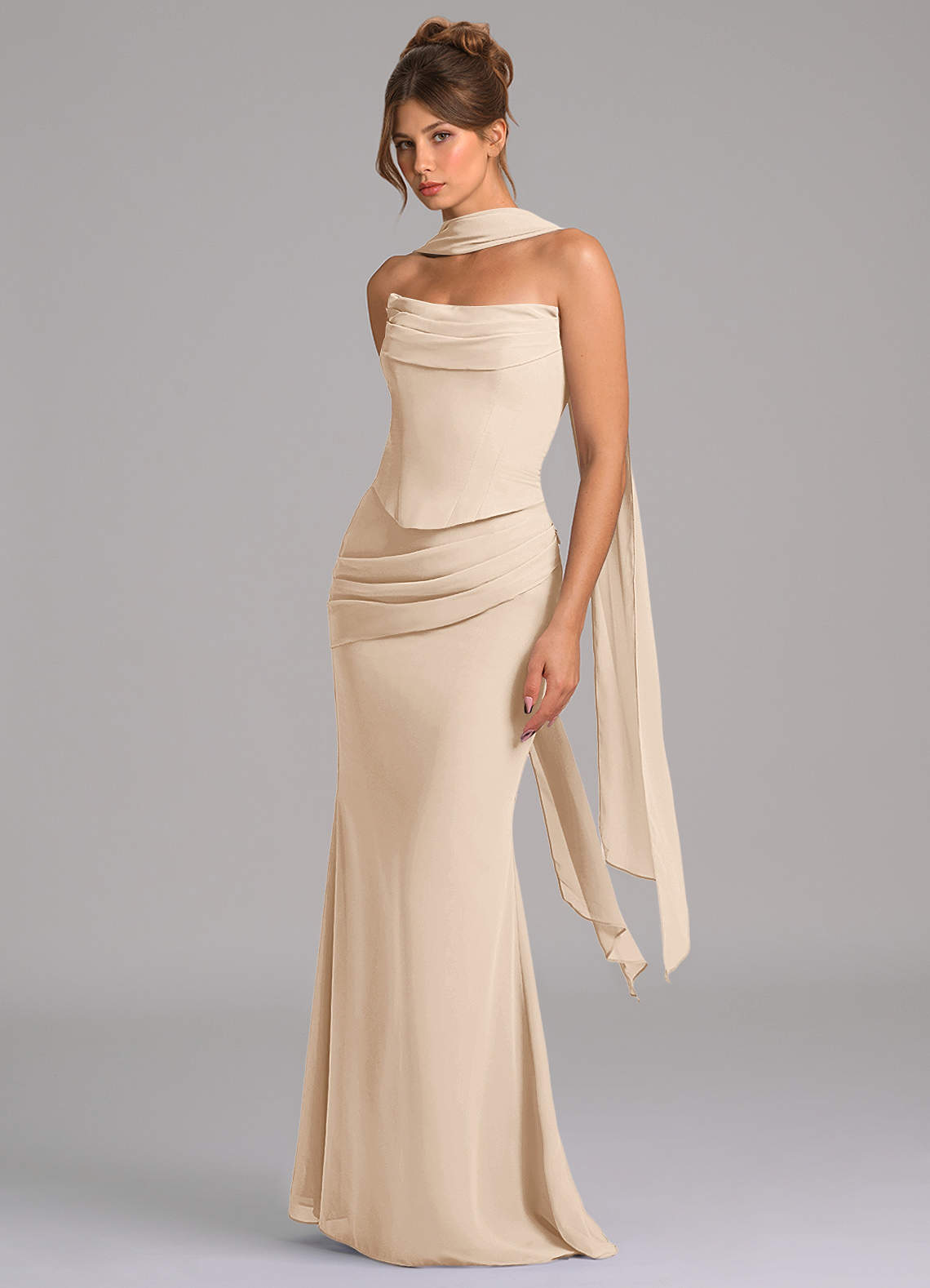 Azazie Sorrel Jurken voor bruidsmeisjes Jurk van Chiffon met Zeemeermin Korset Wit Albast image4