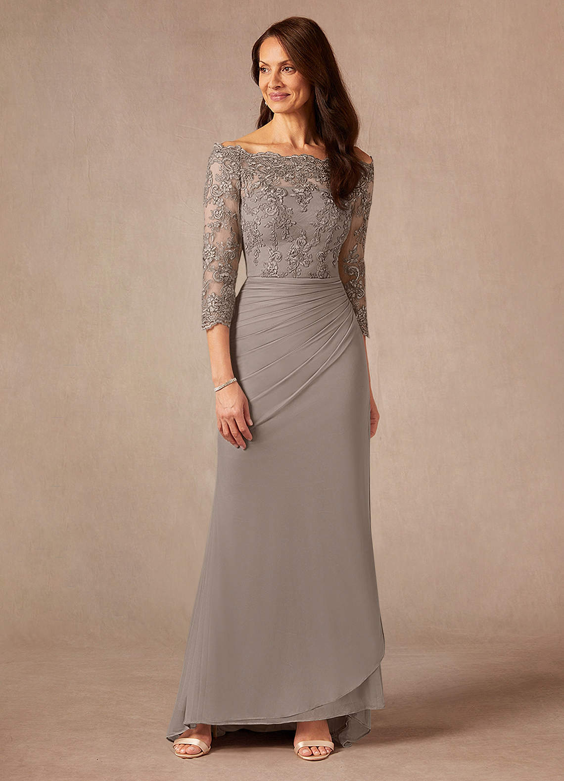 Azazie Rhonda Mother of the Bride Dresses Taupe Mermaid Off the Shoulder Mesh Dress image1