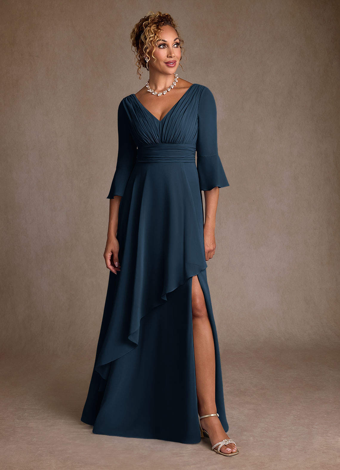 Azazie Eire Mother of the Bride Dresses Dark Navy A-Line Pleated Chiffon Dress image3