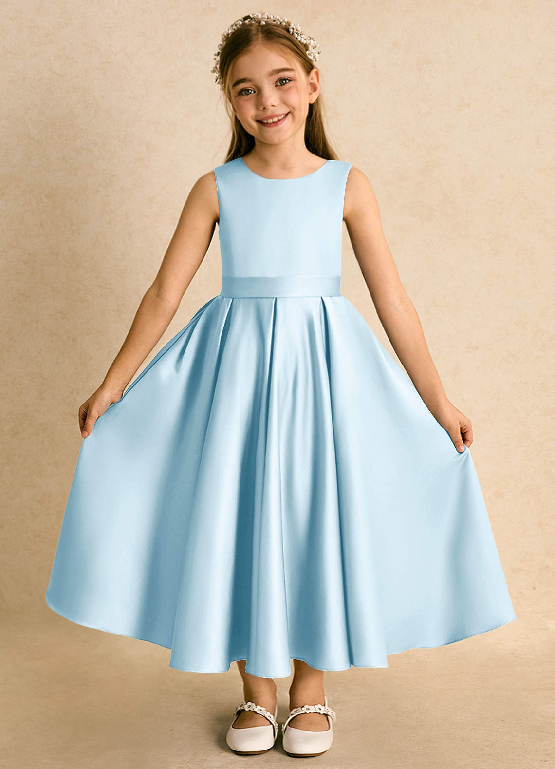 Azazie Junebuj vestidos de niña de las flores Vestido de Azul Cielo de Satin Mate de Princesa con Plisado image3