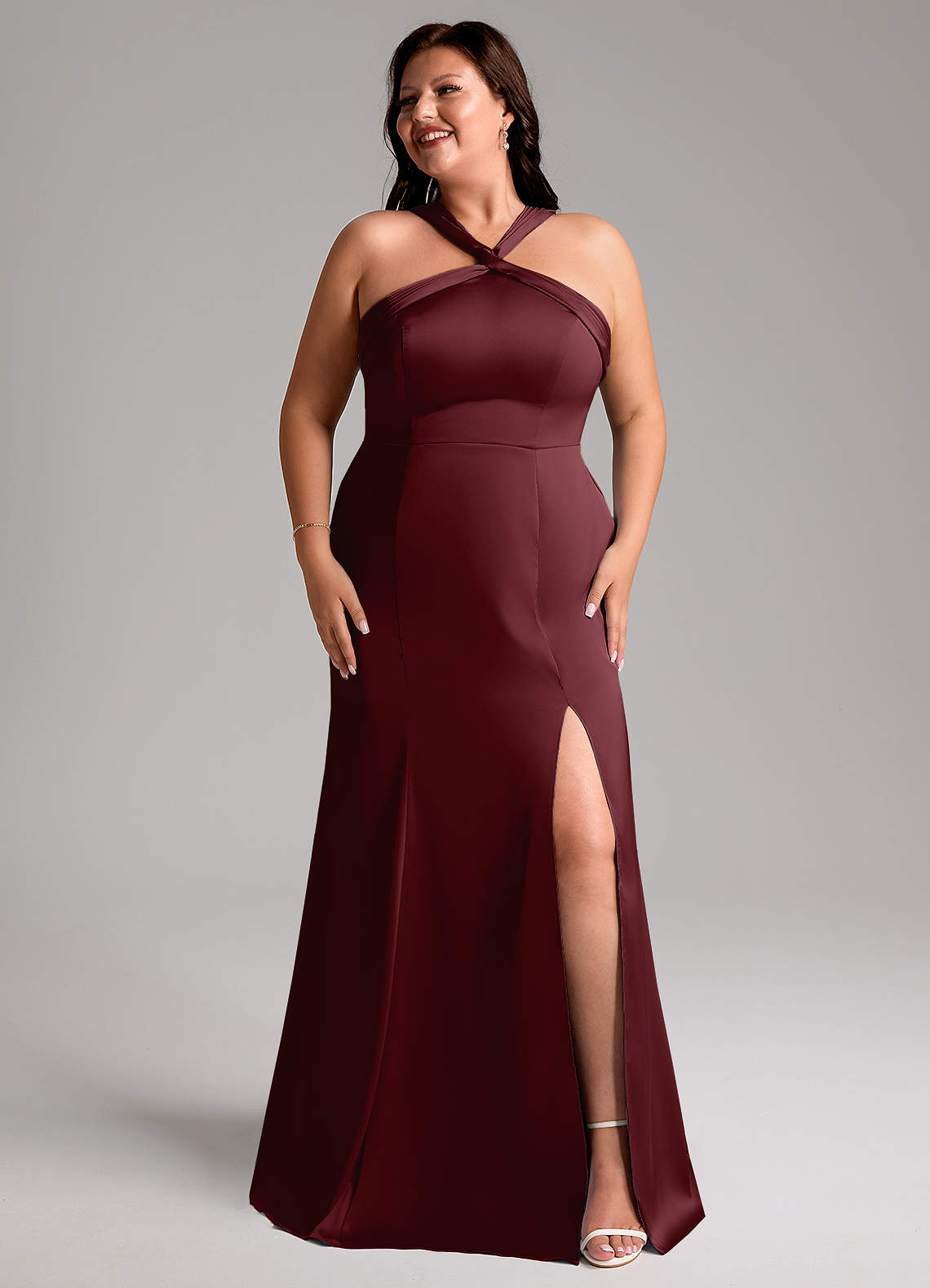 Azazie Rue Bridesmaid Dresses Cabernet A-Line Pleated Stretch Satin Dress image9