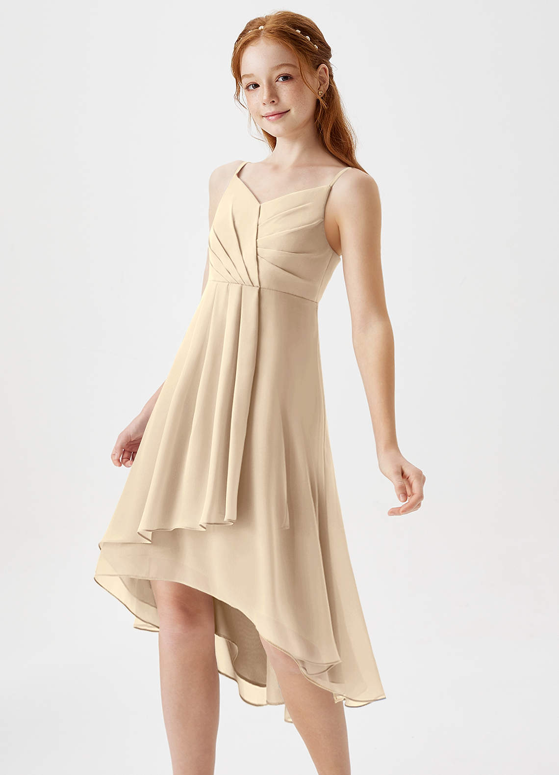 Azazie Mariam Junior Champagne A-Line Pleated Chiffon Dress image1