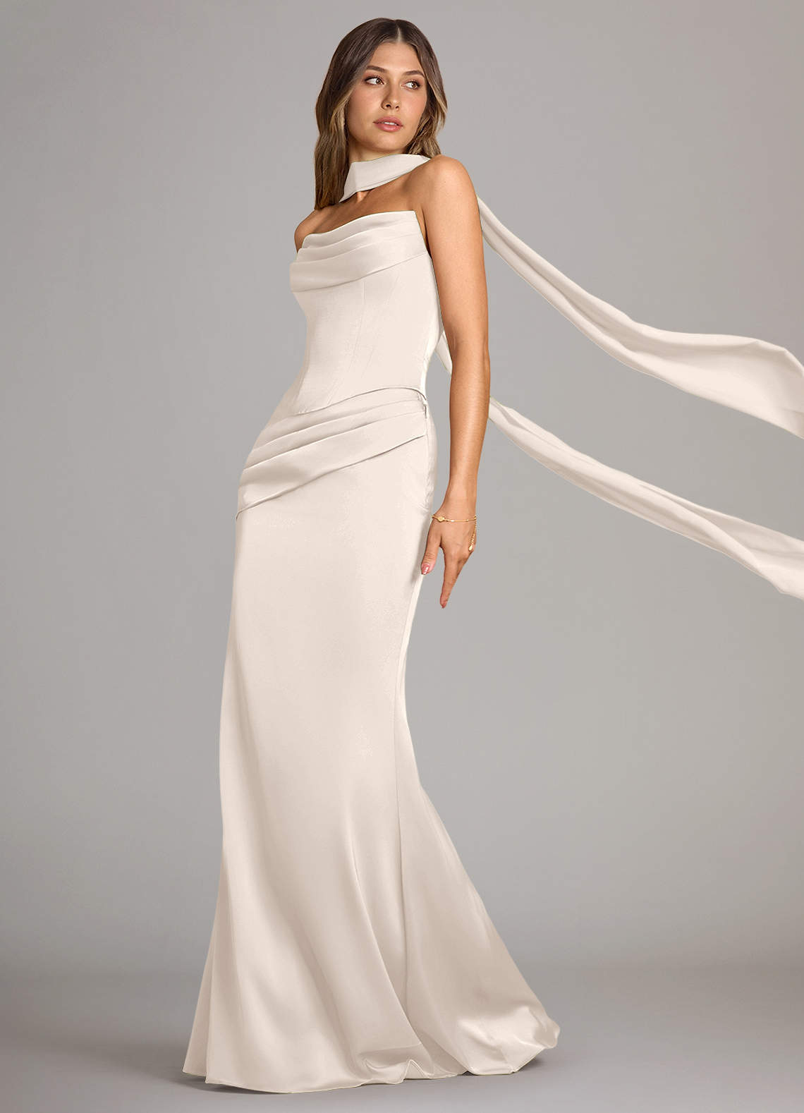 Azazie Sorrel Bridesmaid Dresses White Alabaster Mermaid Strapless Stretch Satin Convertible Dress image3