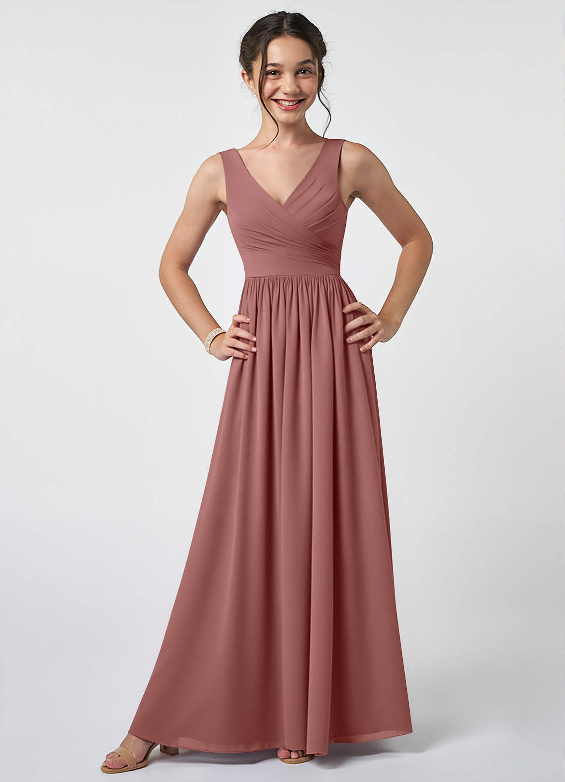 Azazie Keyla Junior Desert Rose A-Line Pleated Chiffon Dress image1
