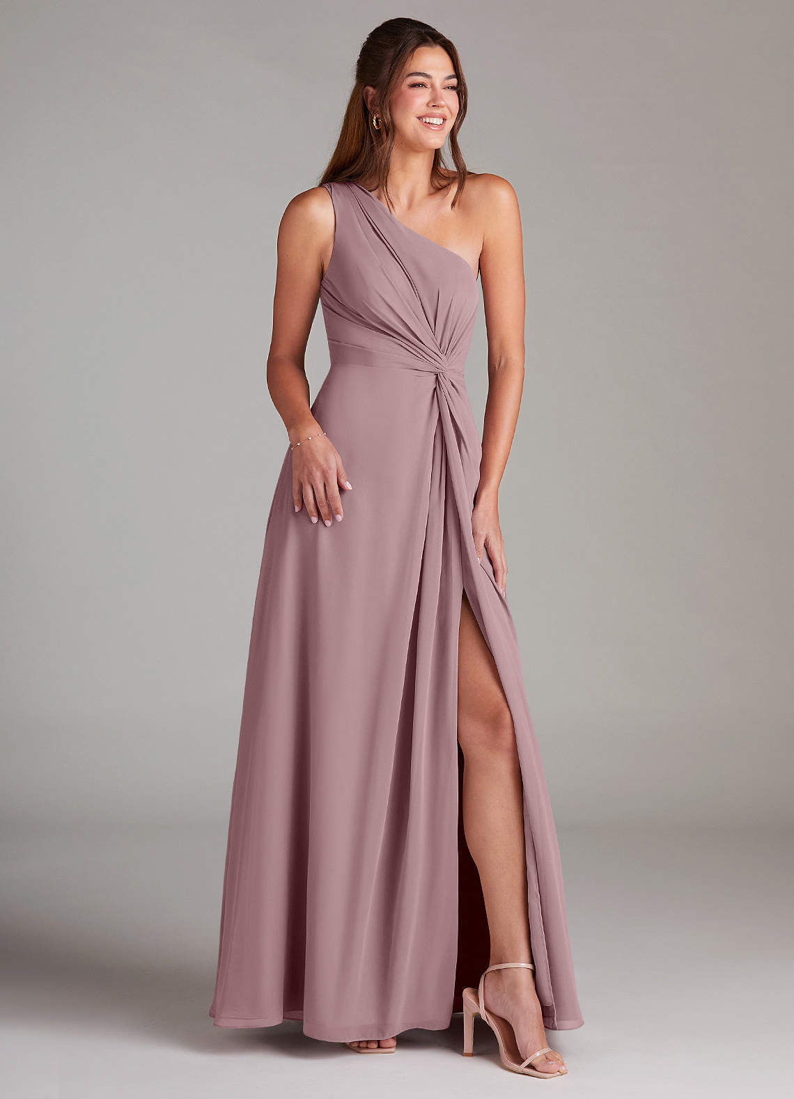 Azazie Brooke Bridesmaid Dresses Dusty Rose A-Line One Shoulder Chiffon Dress image3