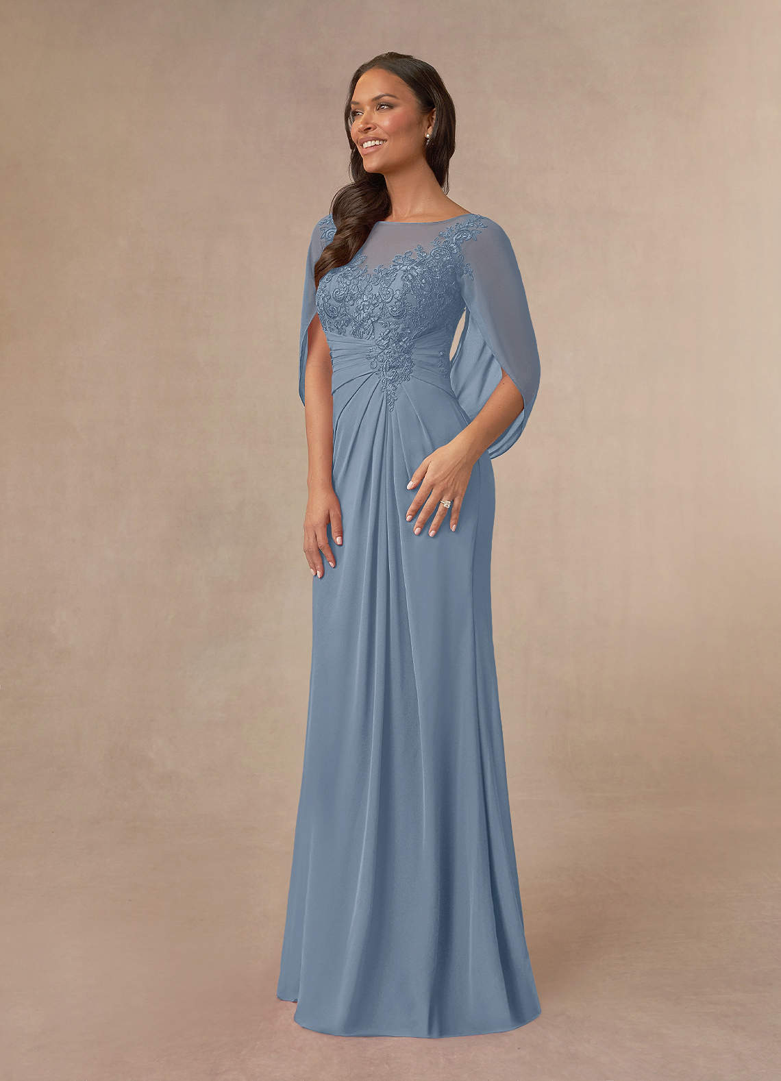 Azazie Hera Mother of the Bride Dresses Dusty Blue A-Line Lace Capelet Chiffon Dress image1