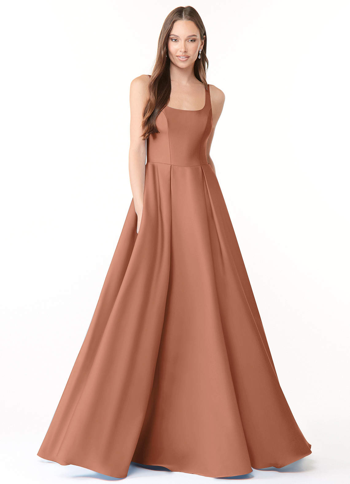Azazie Neve Vestidos de damas de honor Vestido de Bronceador de Satén Elástico de Corte Princesa con Con bolsillos image1