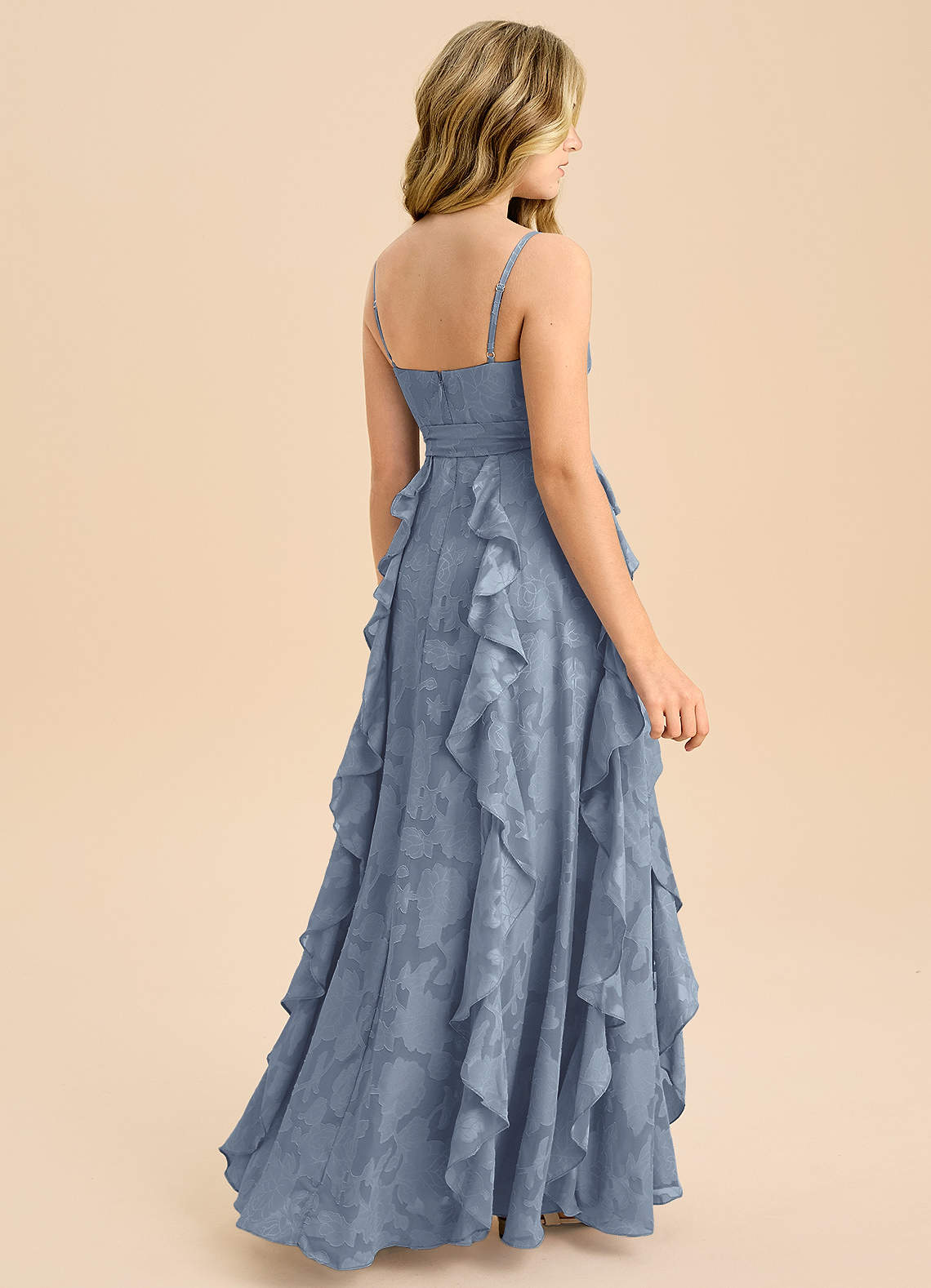 Azazie Peyton Junior Dusty Blue A-Line Pleated Floral Burnout Dress image1